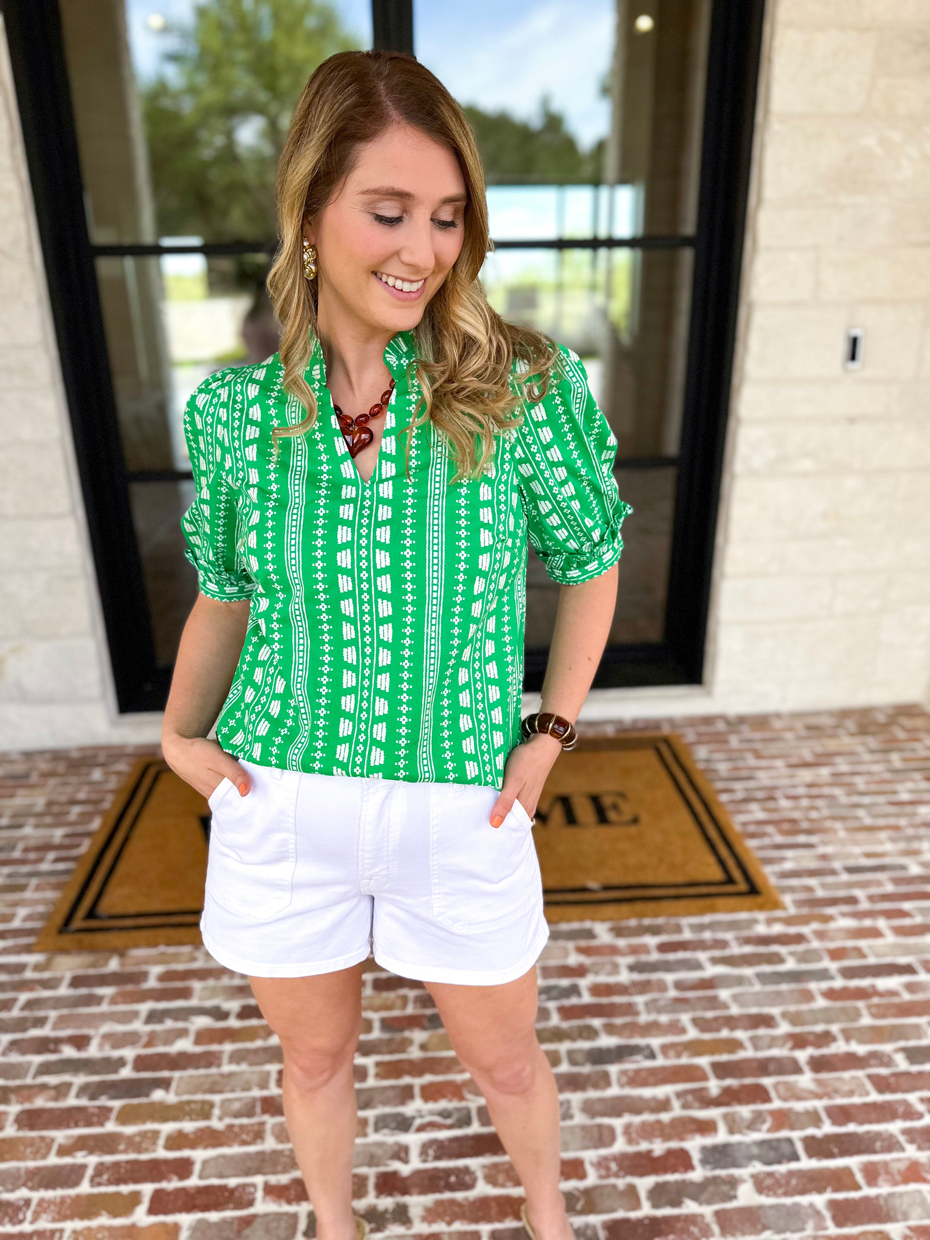 Mary Square - Colette Heritage Green Blouse-200 Fashion Blouses-MARY SQUARE-July & June Women's Fashion Boutique Located in San Antonio, Texas