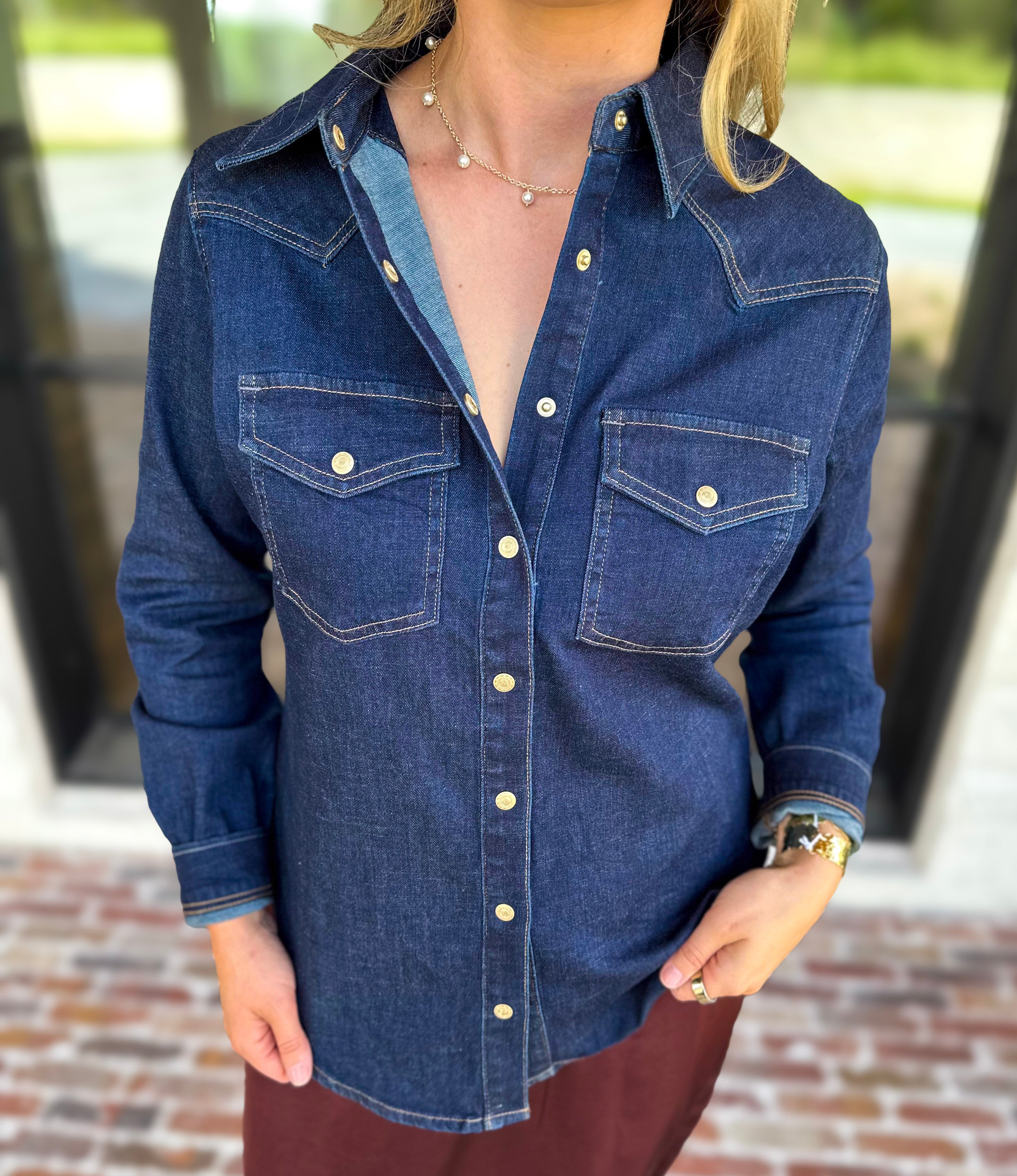 Liverpool - The Dakota Denim Button Down-200 Fashion Blouses-LIVERPOOL JEANS COMPANY-July & June Women's Fashion Boutique Located in San Antonio, Texas