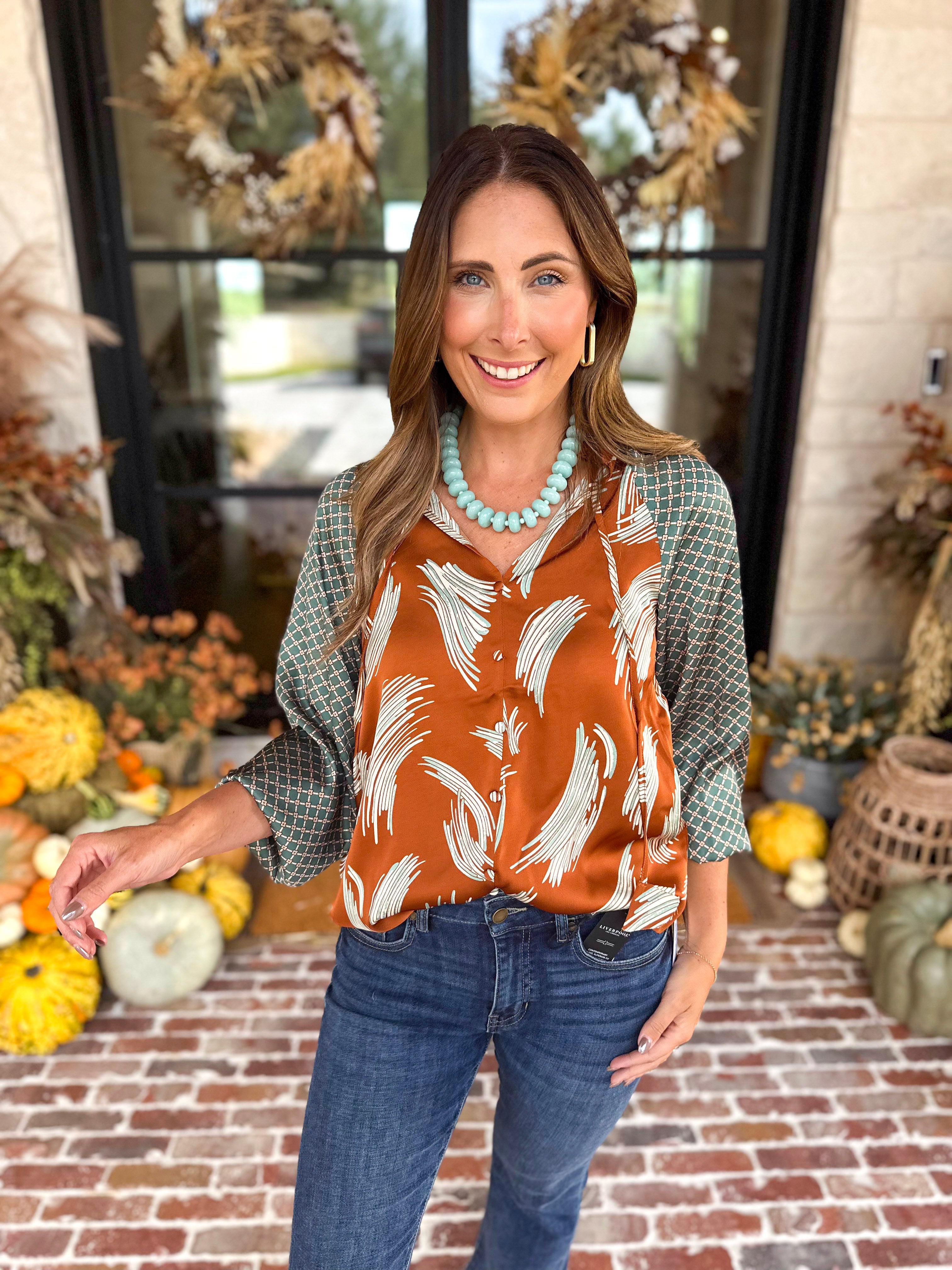 THML - Autumn Pattern Play Blouse-200 Fashion Blouses-THML-July & June Women's Fashion Boutique Located in San Antonio, Texas
