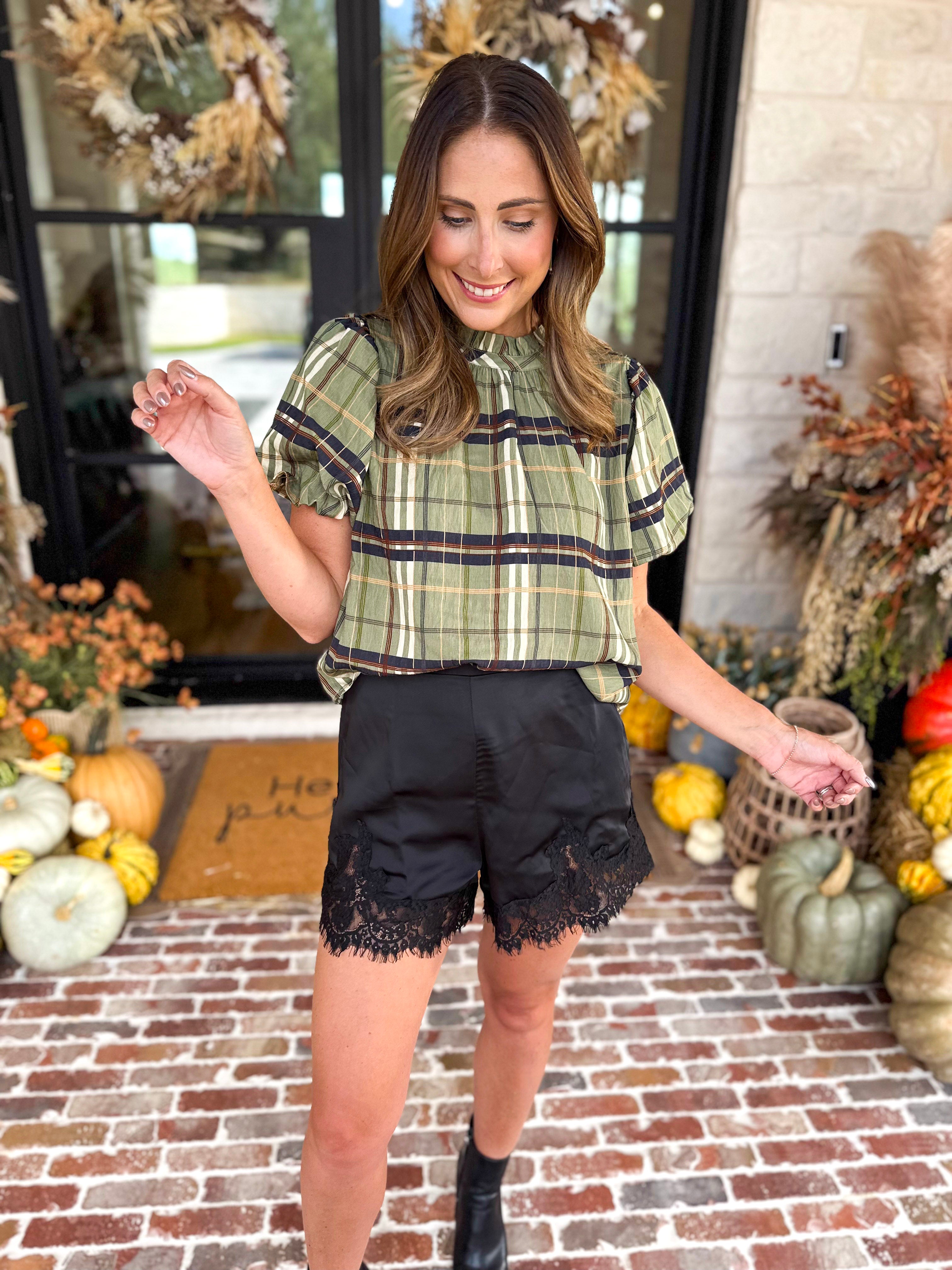 THML - Groves Plaid Ruffle Neck Blouse-200 Fashion Blouses-THML-July & June Women's Fashion Boutique Located in San Antonio, Texas