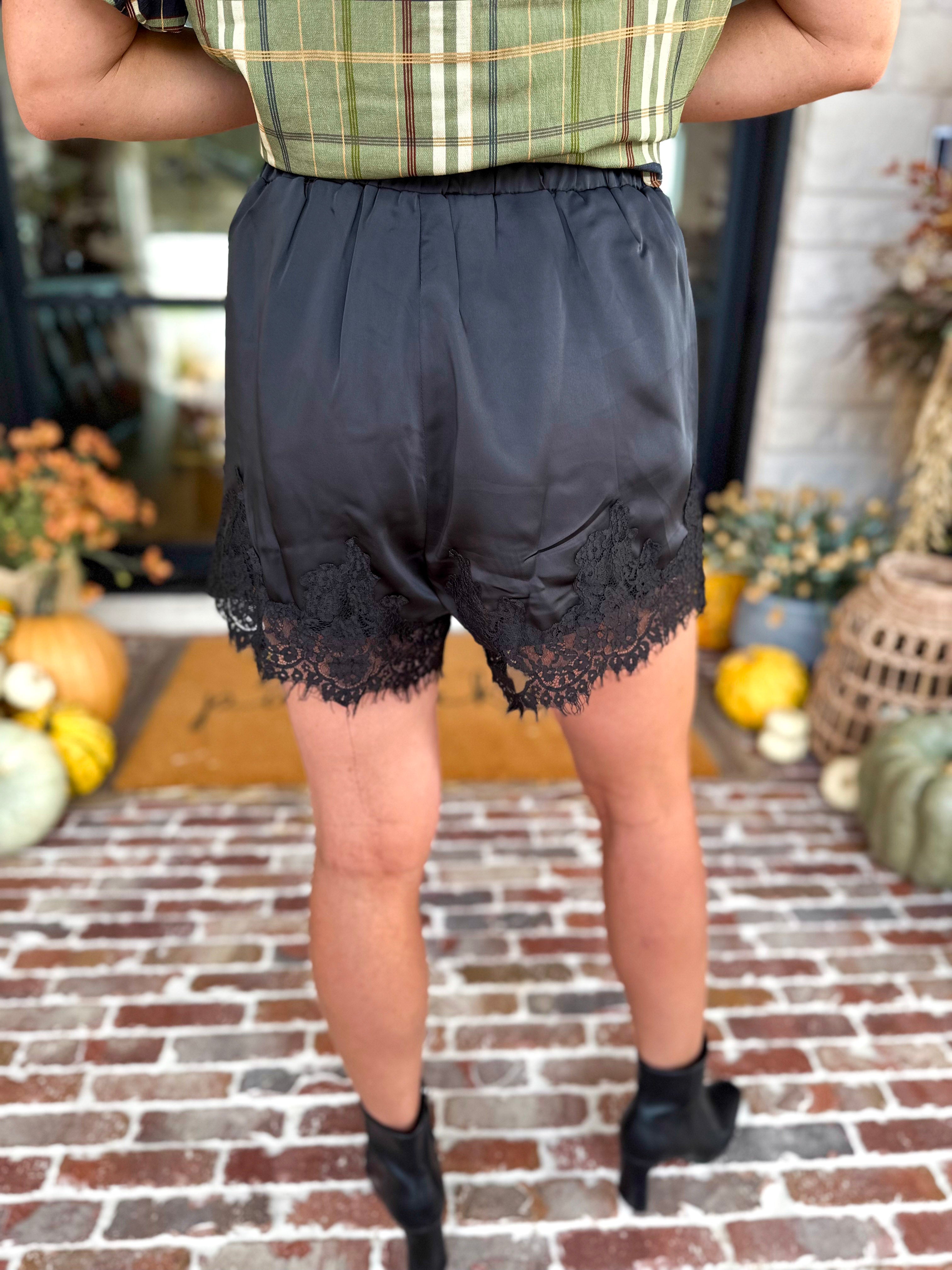 Satin Date Night Black Lace Shorts-410 Shorts/Skirts-TCEC-July & June Women's Fashion Boutique Located in San Antonio, Texas