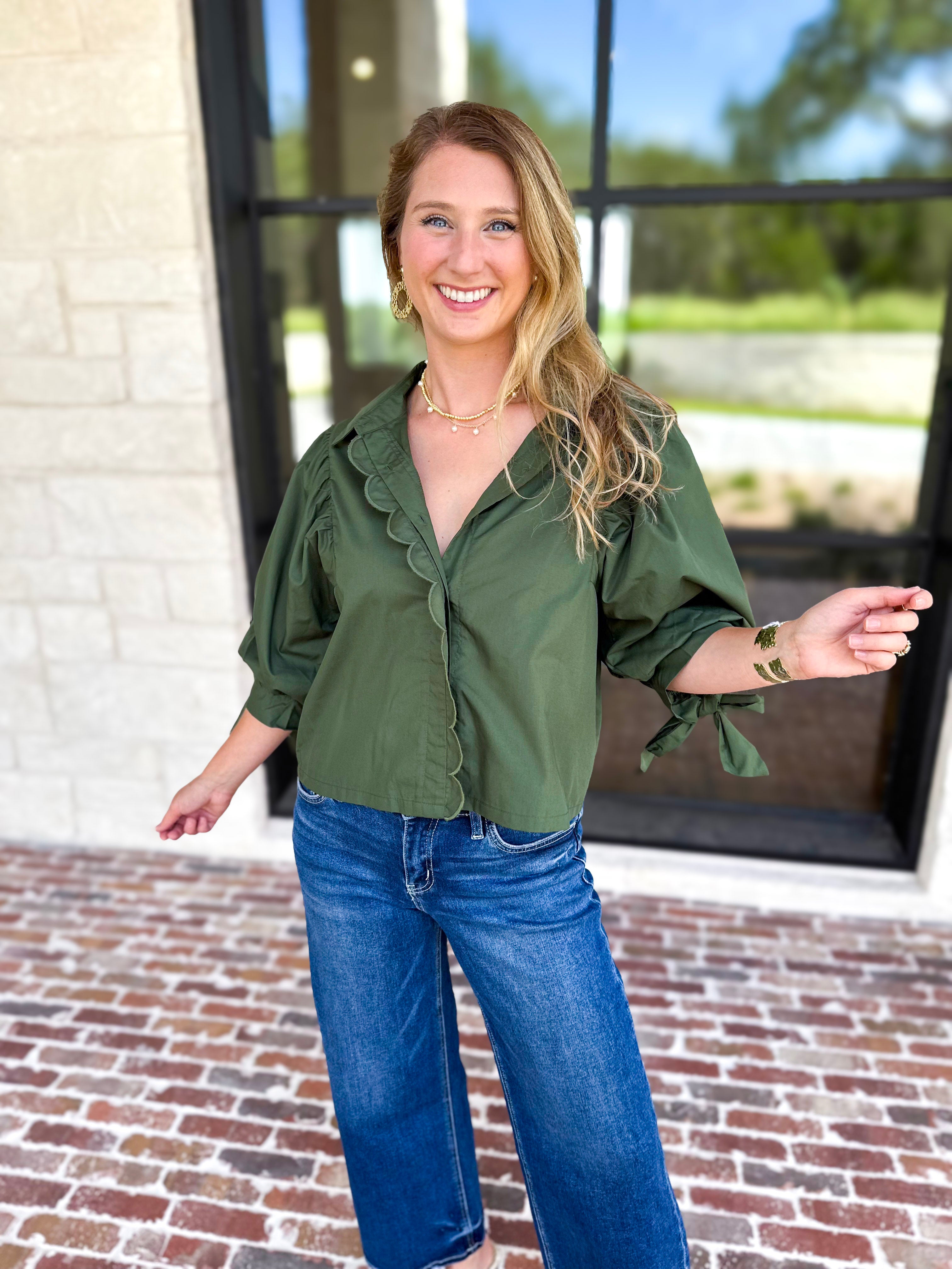 The Campbell Button Down Blouse - Forest-200 Fashion Blouses-ENTRO-July & June Women's Fashion Boutique Located in San Antonio, Texas