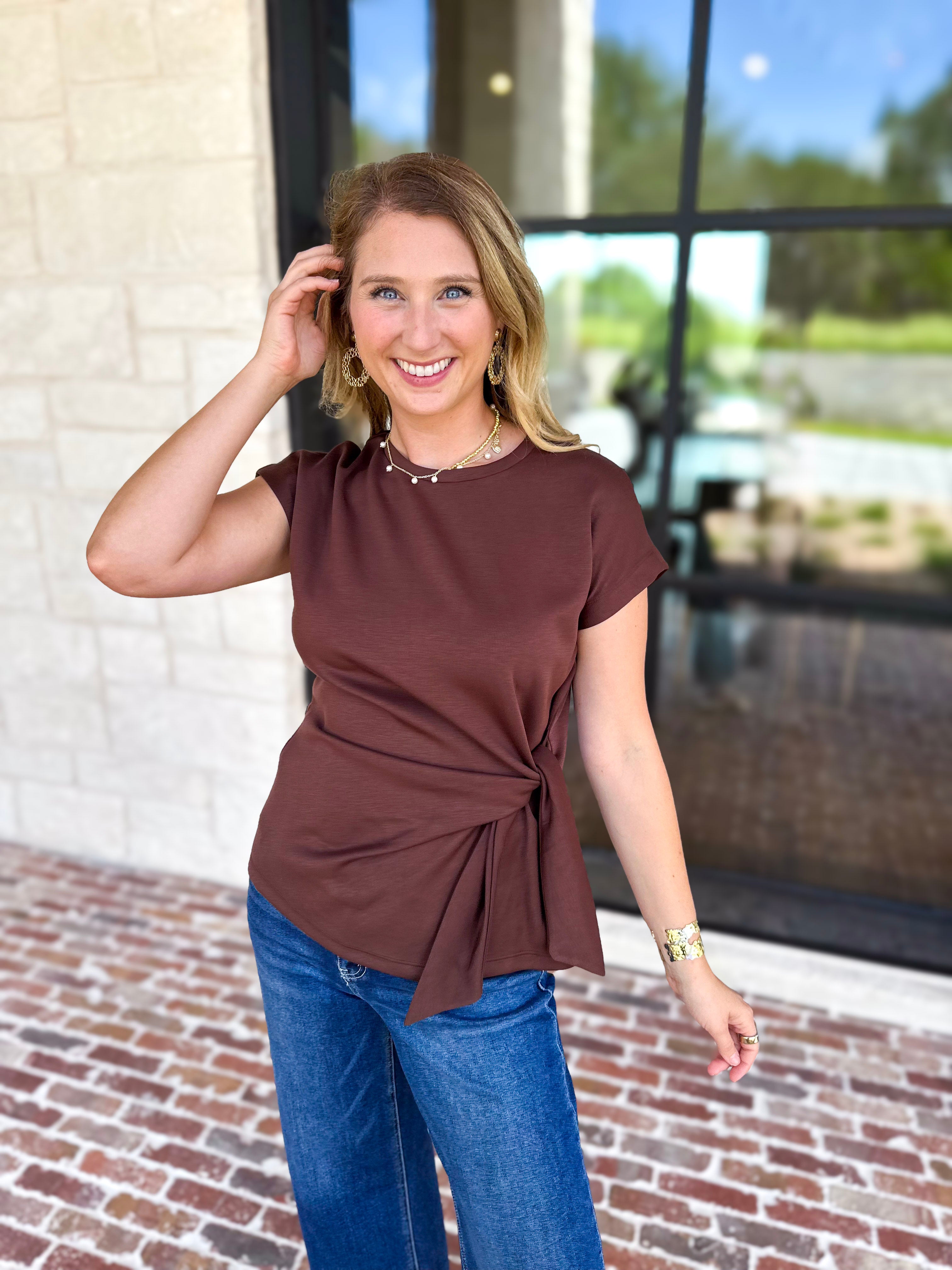 Essentials Knotted Blouse - Chocolate-200 Fashion Blouses-ENTRO-July & June Women's Fashion Boutique Located in San Antonio, Texas