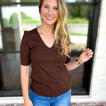 Liverpool - Double Layer V-Neck Top - Espresso-210 Casual Blouses-LIVERPOOL JEANS COMPANY-July & June Women's Fashion Boutique Located in San Antonio, Texas