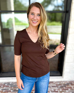 Liverpool - Double Layer V-Neck Top - Espresso-210 Casual Blouses-LIVERPOOL JEANS COMPANY-July & June Women's Fashion Boutique Located in San Antonio, Texas