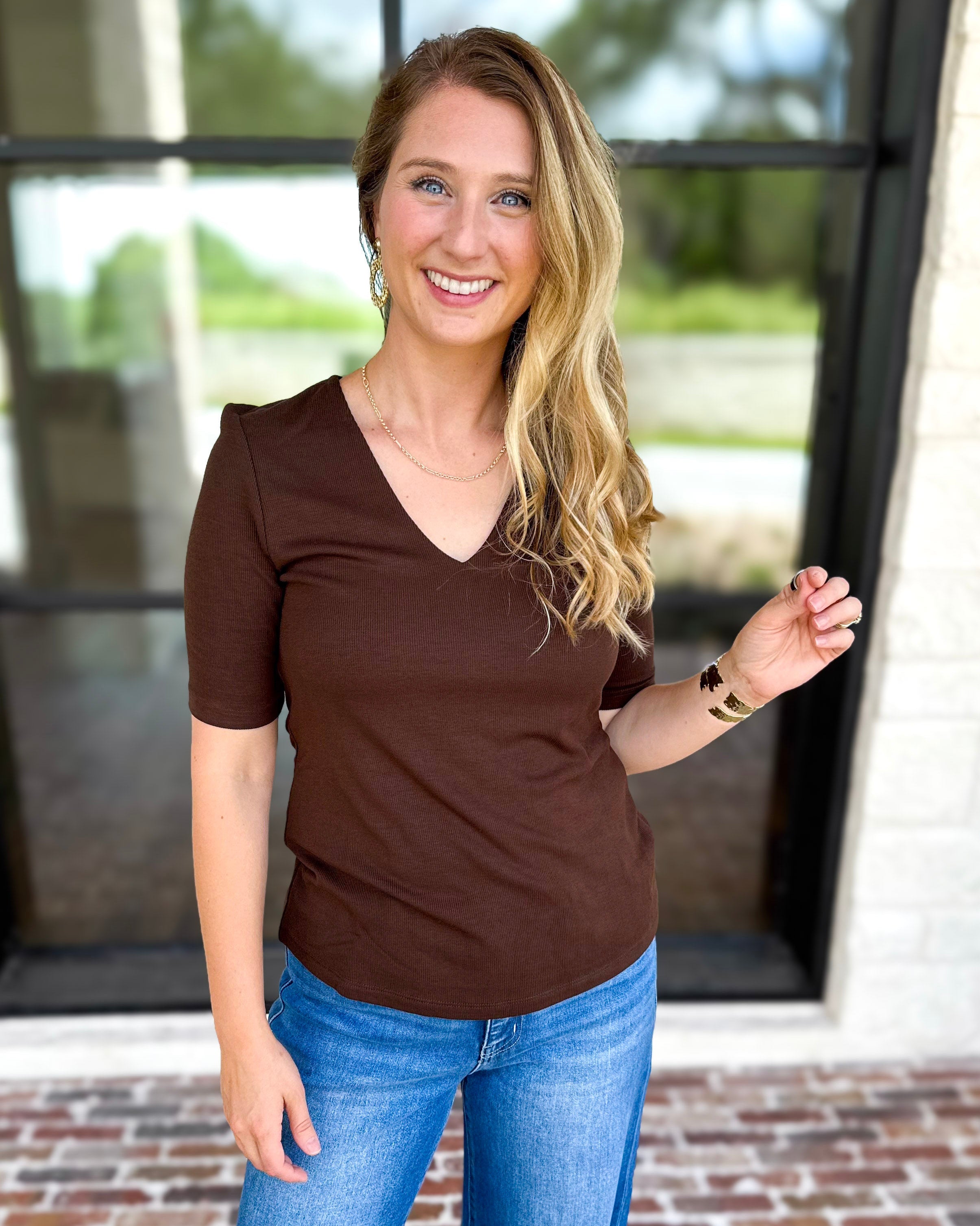 Liverpool - Double Layer V-Neck Top - Espresso-210 Casual Blouses-LIVERPOOL JEANS COMPANY-July & June Women's Fashion Boutique Located in San Antonio, Texas