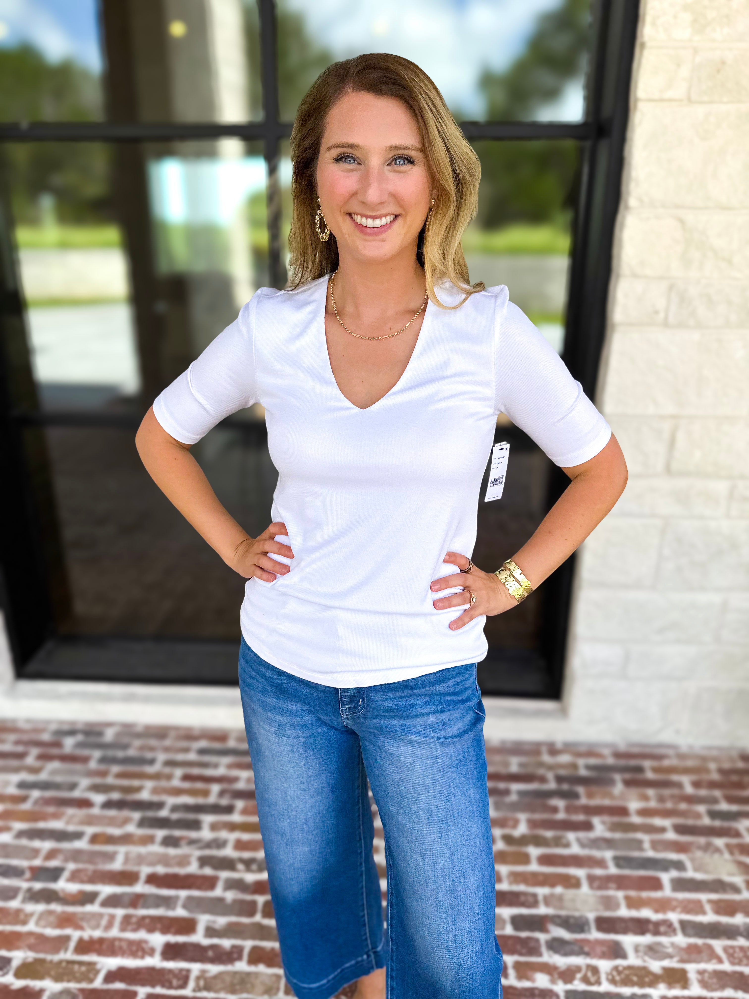 Liverpool - Double Layer V-Neck Top - Ivory-210 Casual Blouses-LIVERPOOL JEANS COMPANY-July & June Women's Fashion Boutique Located in San Antonio, Texas