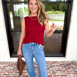Liverpool - Classic Boatneck Knit Tank - Cranberry-210 Casual Blouses-LIVERPOOL JEANS COMPANY-July & June Women's Fashion Boutique Located in San Antonio, Texas