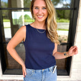 Liverpool - Classic Boatneck Knit Tank - Navy-210 Casual Blouses-LIVERPOOL JEANS COMPANY-July & June Women's Fashion Boutique Located in San Antonio, Texas