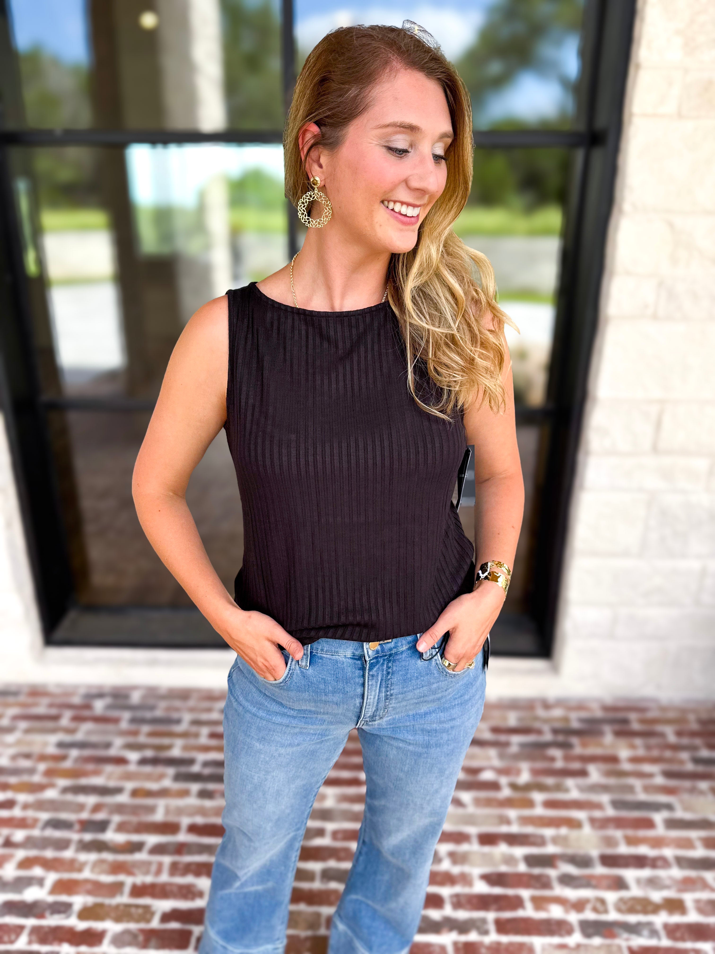 Liverpool - Classic Boatneck Knit Tank - Black-210 Casual Blouses-LIVERPOOL JEANS COMPANY-July & June Women's Fashion Boutique Located in San Antonio, Texas