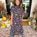 Fall Gardens Puff Sleeve Midi Dress-500 Midi-ENTRO-July & June Women's Fashion Boutique Located in San Antonio, Texas