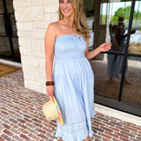 Sky Blue Strapless Midi Dress-500 Midi-MAIN STRIP-July & June Women's Fashion Boutique Located in San Antonio, Texas
