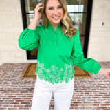 Current Air - Kelly Green Eyelet Lace Blouse-200 Fashion Blouses-CURRENT AIR CLOTHING-July & June Women's Fashion Boutique Located in San Antonio, Texas