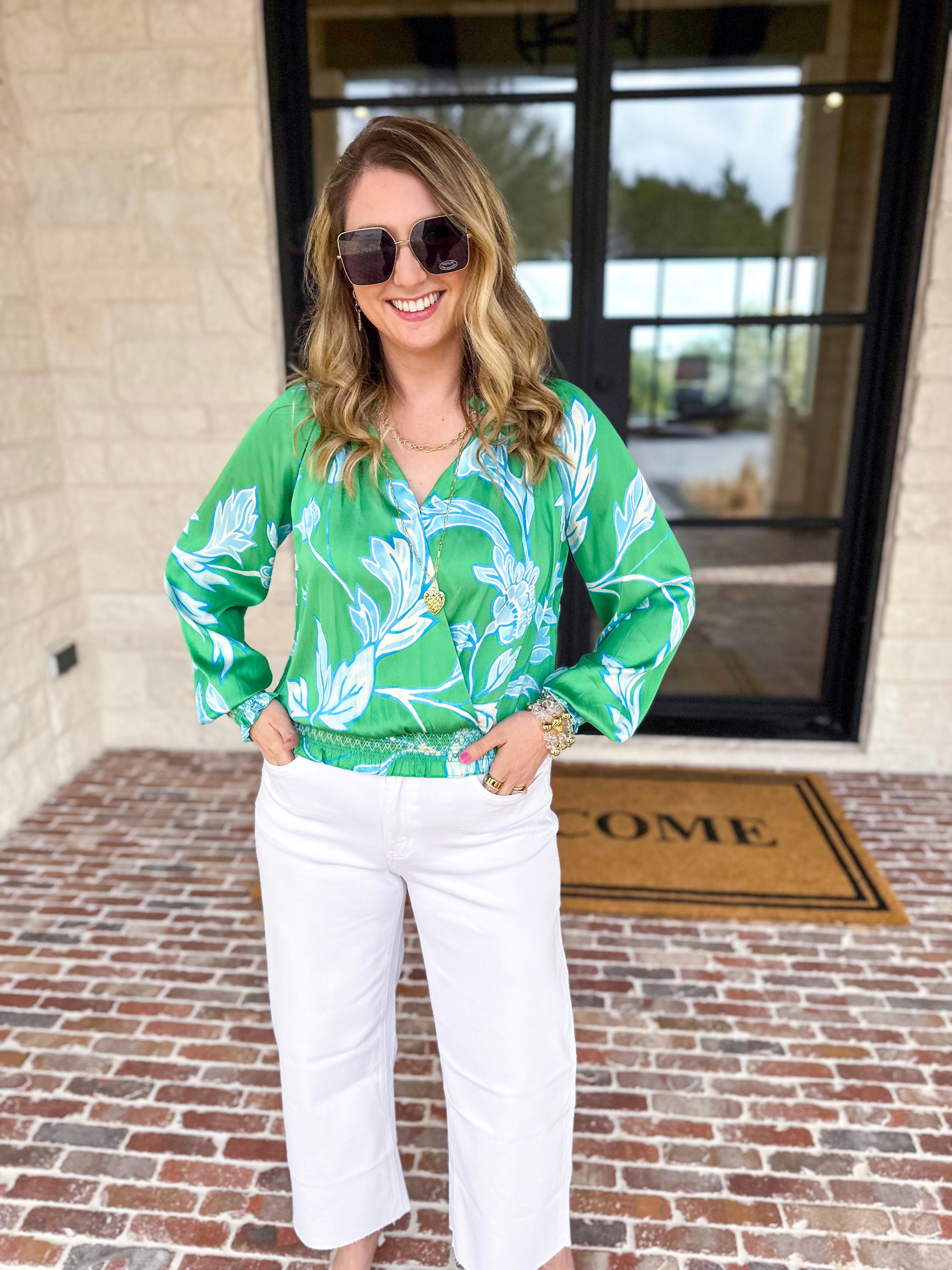 Current Air - Spring Green Floral Blouse-200 Fashion Blouses-CURRENT AIR CLOTHING-July & June Women's Fashion Boutique Located in San Antonio, Texas