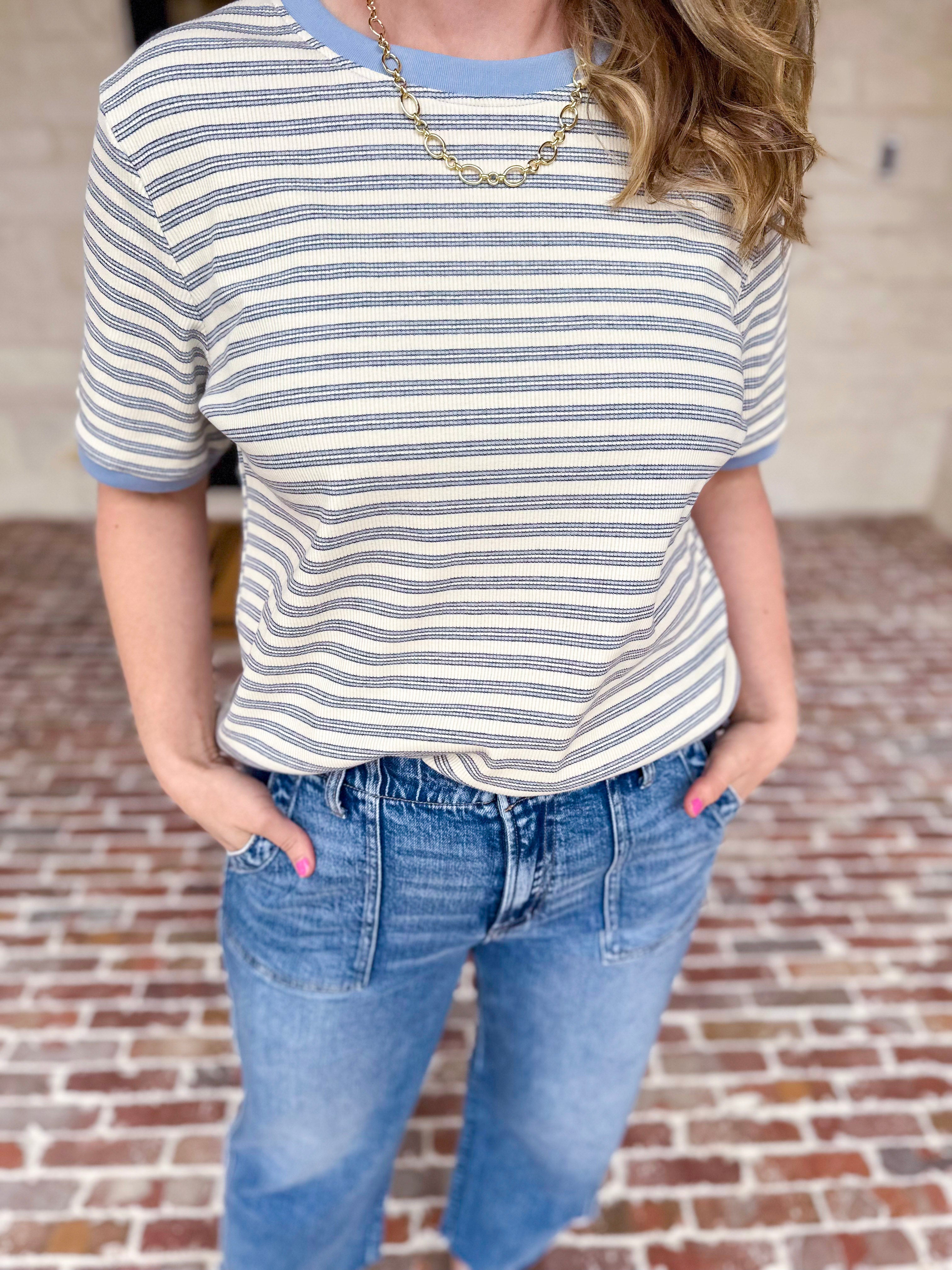 Casual Hangout Striped Tee - Blue-210 Casual Blouses-POLOGRAM-July & June Women's Fashion Boutique Located in San Antonio, Texas
