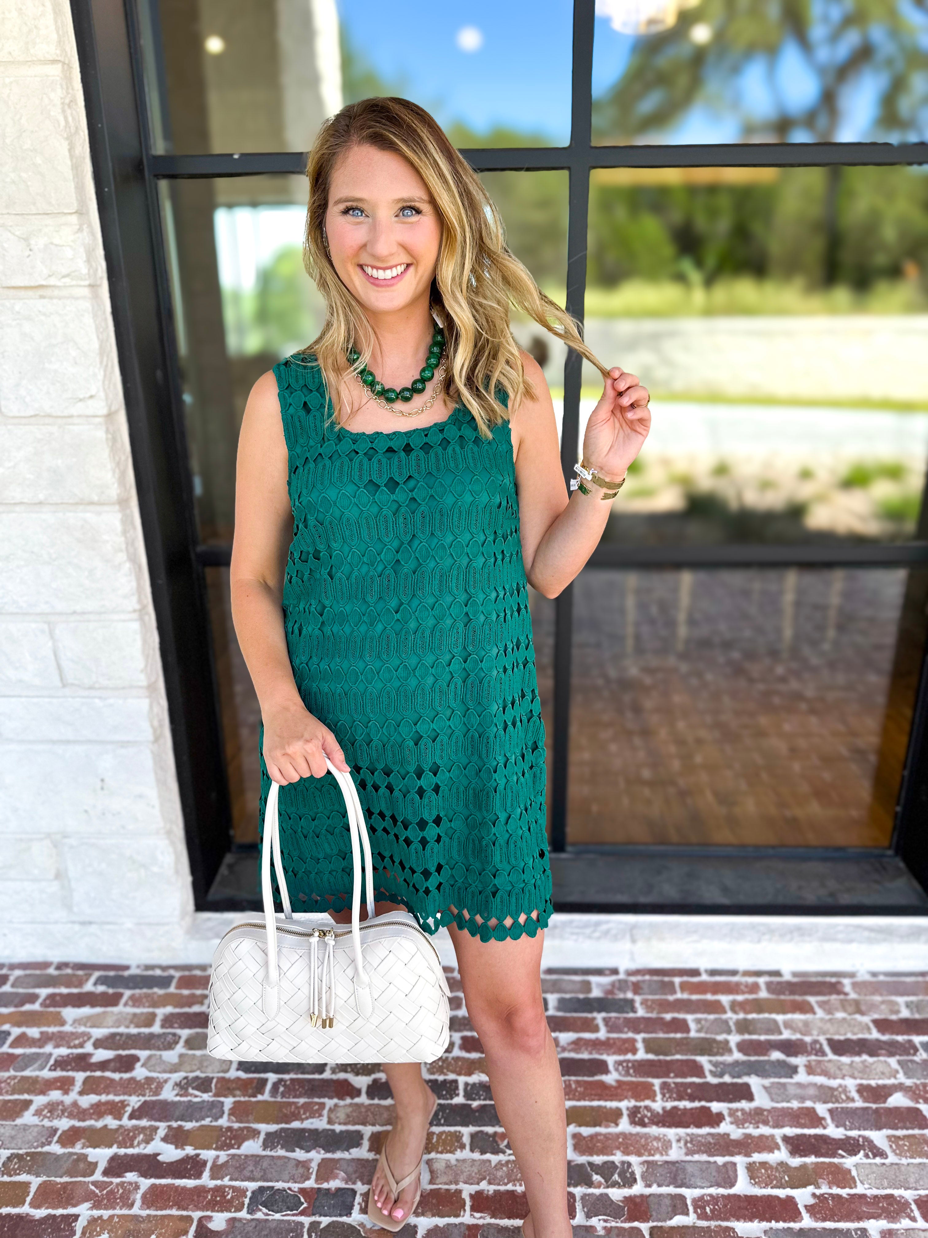 Crochet Overlay Mini Dress - Pine-510 Mini-ENTRO-July & June Women's Fashion Boutique Located in San Antonio, Texas