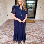The Graceful Gathering Midi Dress - Navy-500 Midi-ENTRO-July & June Women's Fashion Boutique Located in San Antonio, Texas