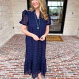 The Graceful Gathering Midi Dress - Navy-500 Midi-ENTRO-July & June Women's Fashion Boutique Located in San Antonio, Texas