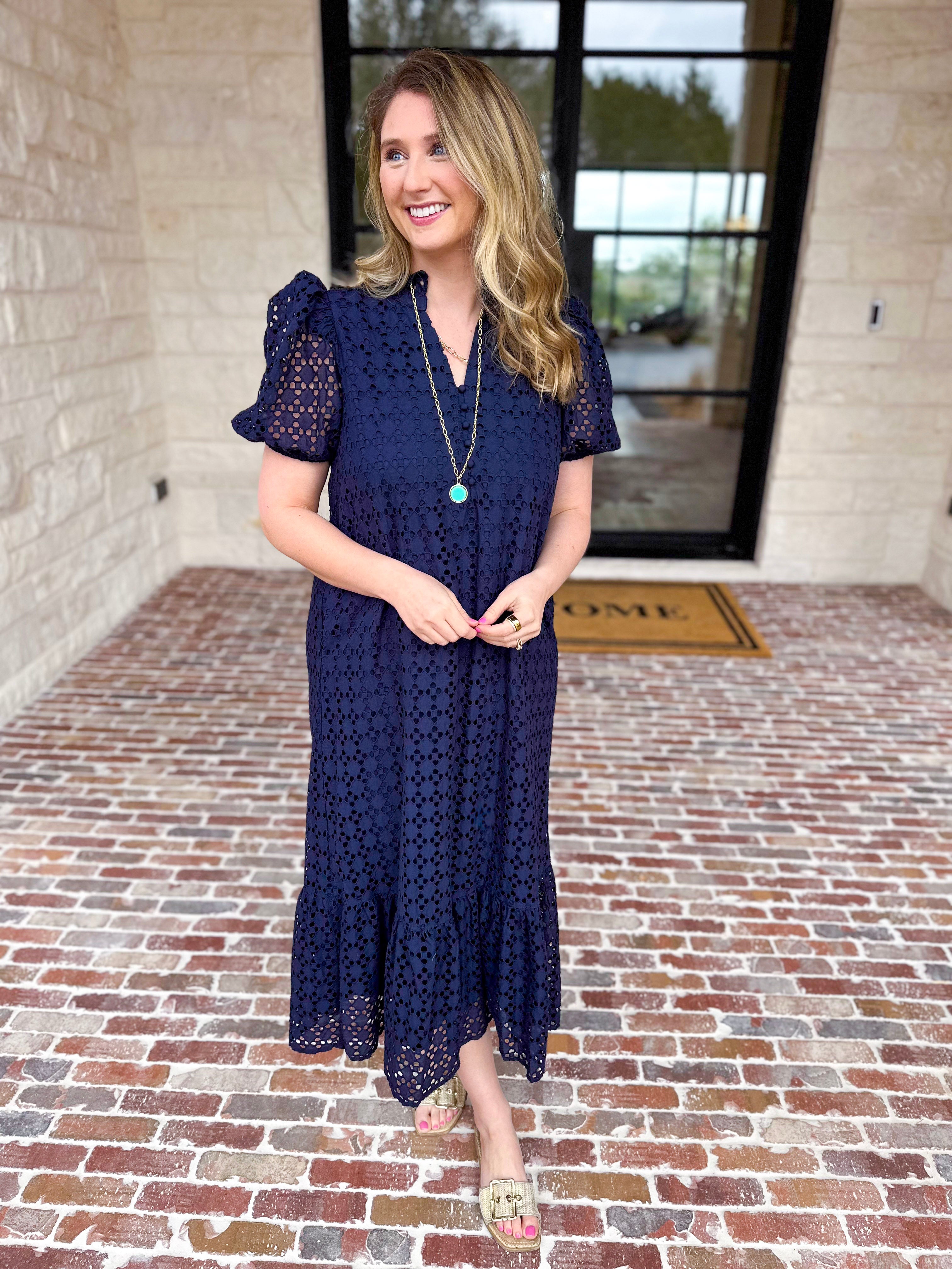 The Graceful Gathering Midi Dress - Navy-500 Midi-ENTRO-July & June Women's Fashion Boutique Located in San Antonio, Texas