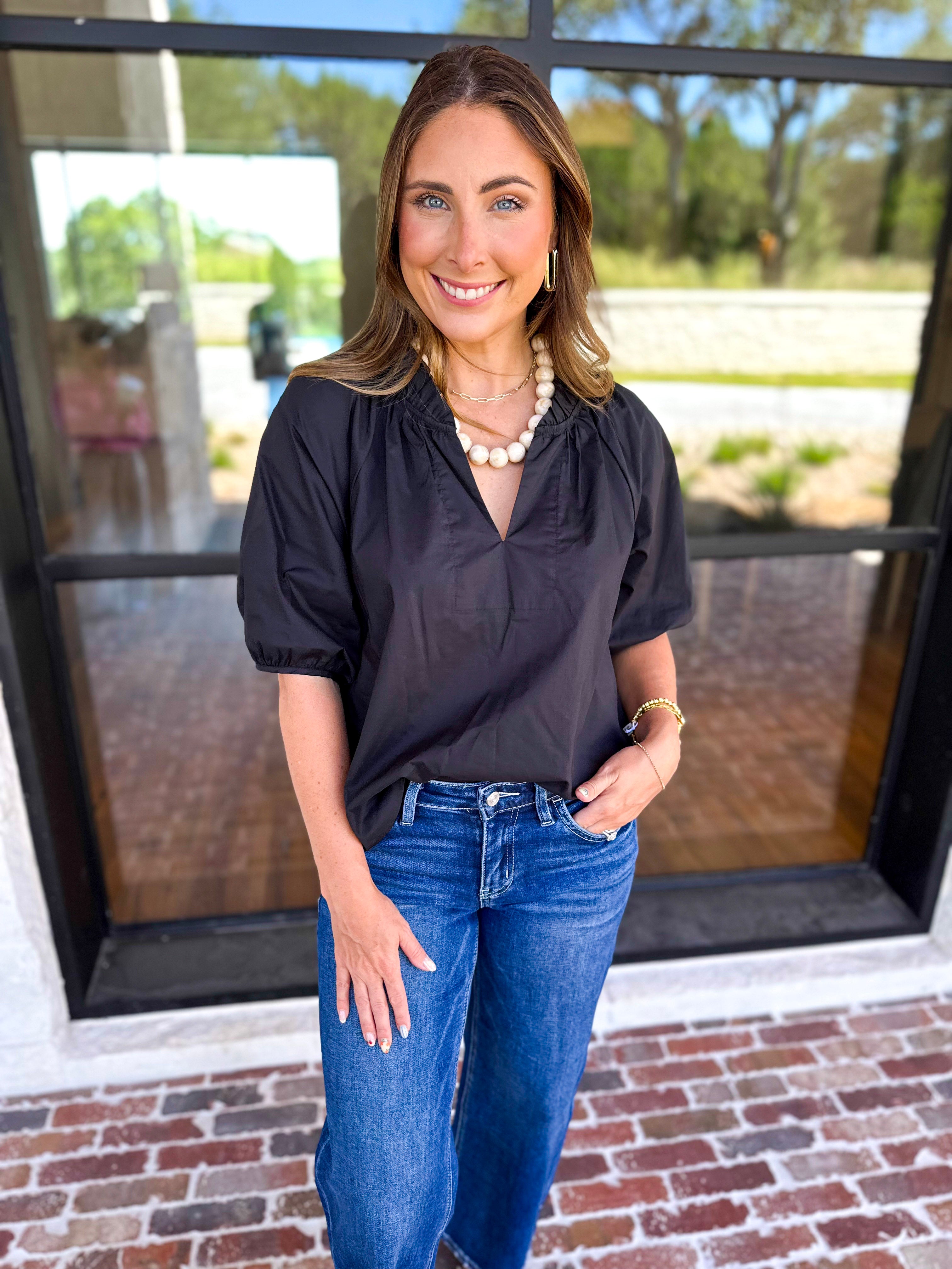 Feminine Everyday V-Neck Blouse - Black-200 Fashion Blouses-OLIVACEOUS-July & June Women's Fashion Boutique Located in San Antonio, Texas