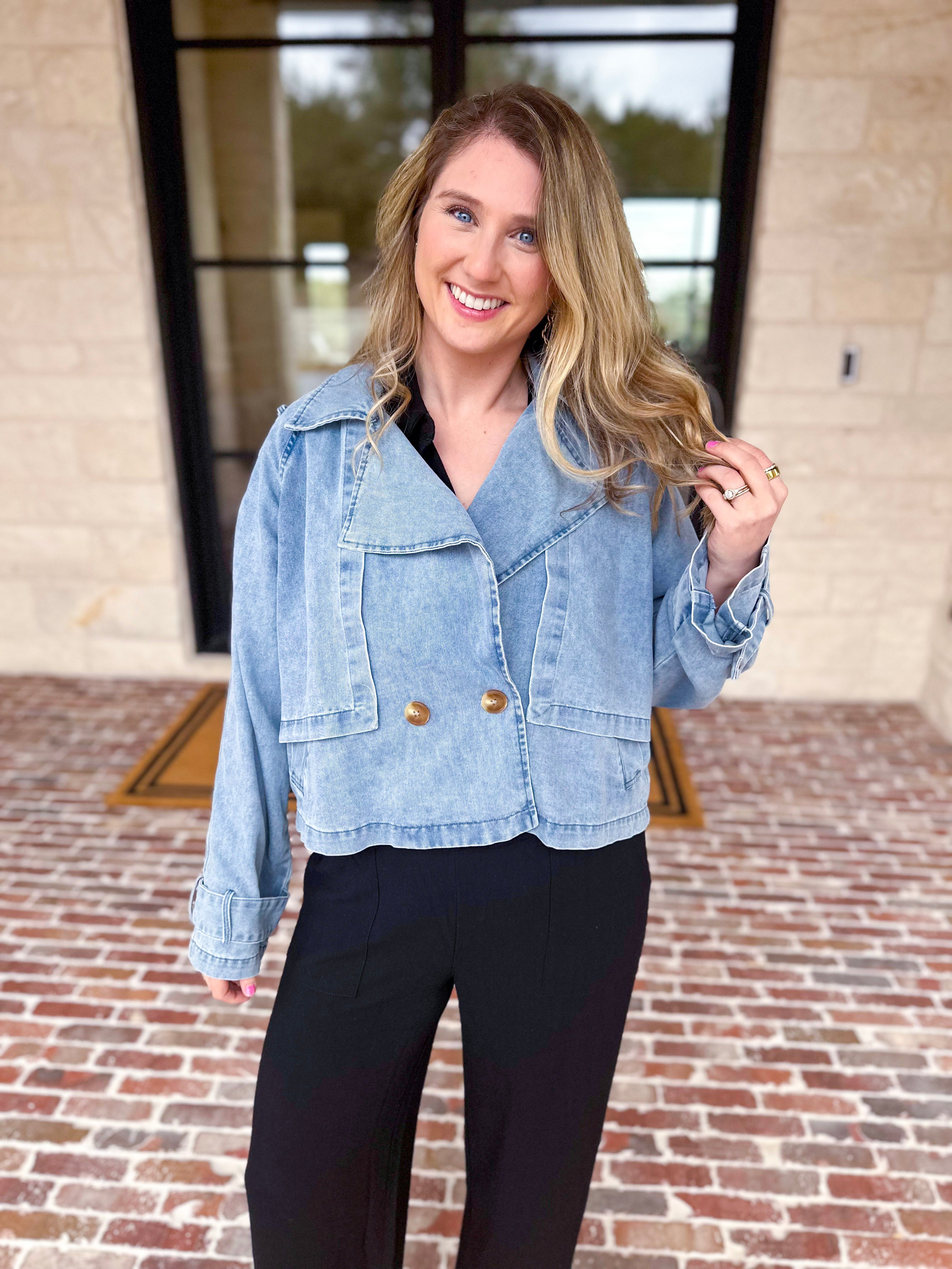 Light Wash Trench Style Denim Jacket-600 Outerwear-TCEC-July & June Women's Fashion Boutique Located in San Antonio, Texas