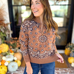 Current Air - Chestnut Paisley Quarter Zip Sweater-230 Sweaters/Cardis-CURRENT AIR CLOTHING-July & June Women's Fashion Boutique Located in San Antonio, Texas