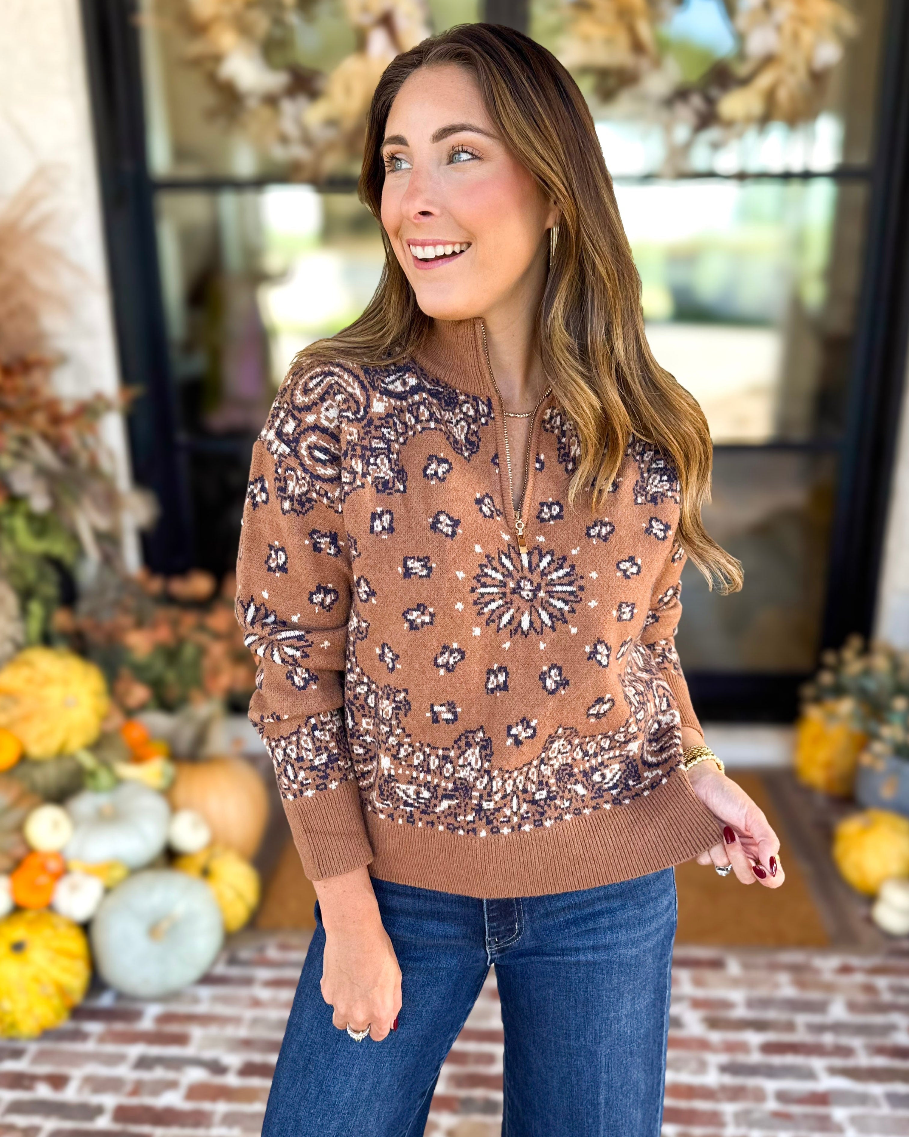 Current Air - Chestnut Paisley Quarter Zip Sweater-230 Sweaters/Cardis-CURRENT AIR CLOTHING-July & June Women's Fashion Boutique Located in San Antonio, Texas