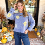 Current Air - Sky Blue Daisy Sweater-230 Sweaters/Cardis-CURRENT AIR CLOTHING-July & June Women's Fashion Boutique Located in San Antonio, Texas