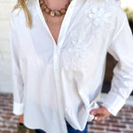 Current Air - Crisp White Floral Button Down Blouse-200 Fashion Blouses-CURRENT AIR CLOTHING-July & June Women's Fashion Boutique Located in San Antonio, Texas