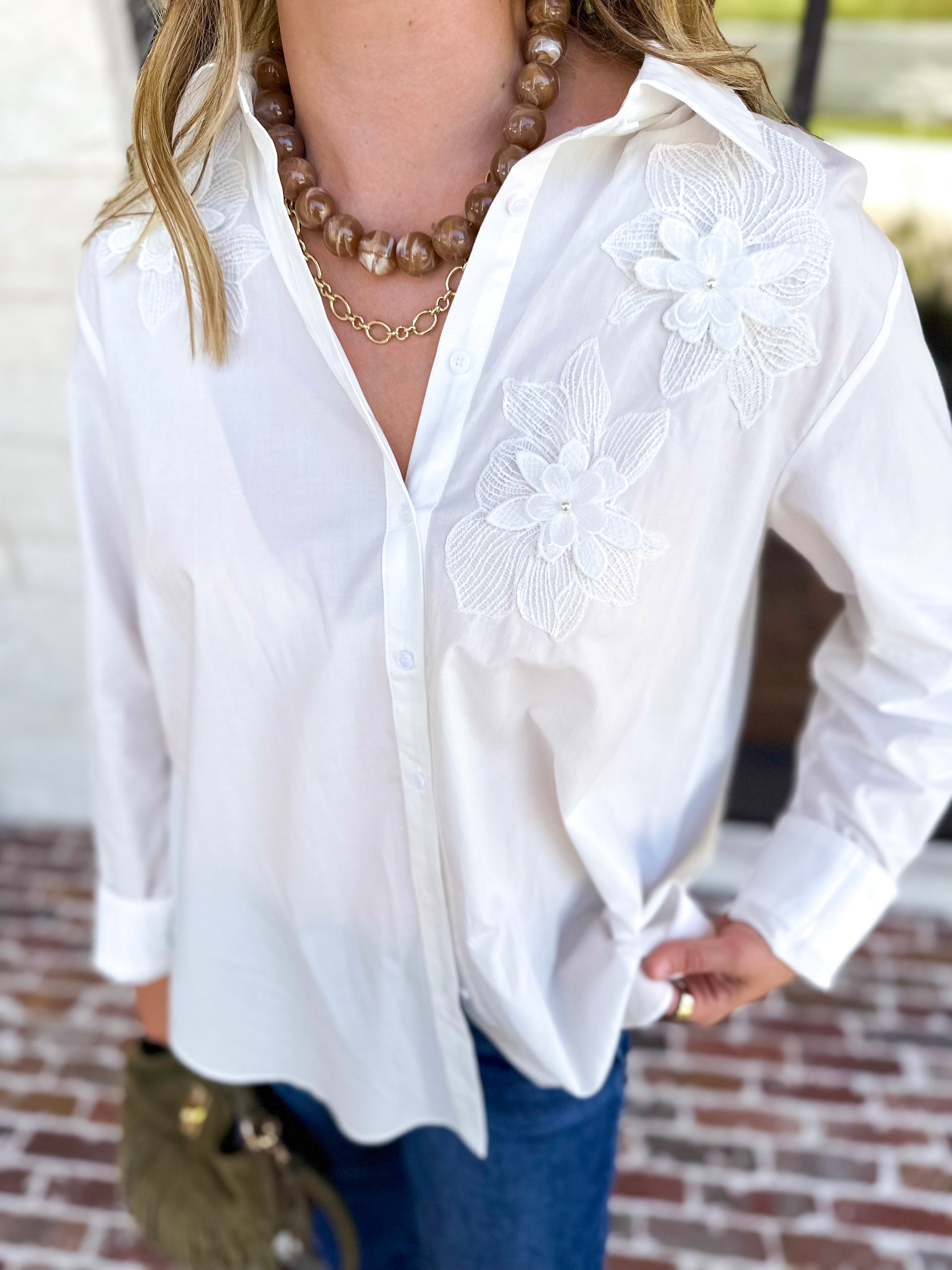 Current Air - Crisp White Floral Button Down Blouse-200 Fashion Blouses-CURRENT AIR CLOTHING-July & June Women's Fashion Boutique Located in San Antonio, Texas