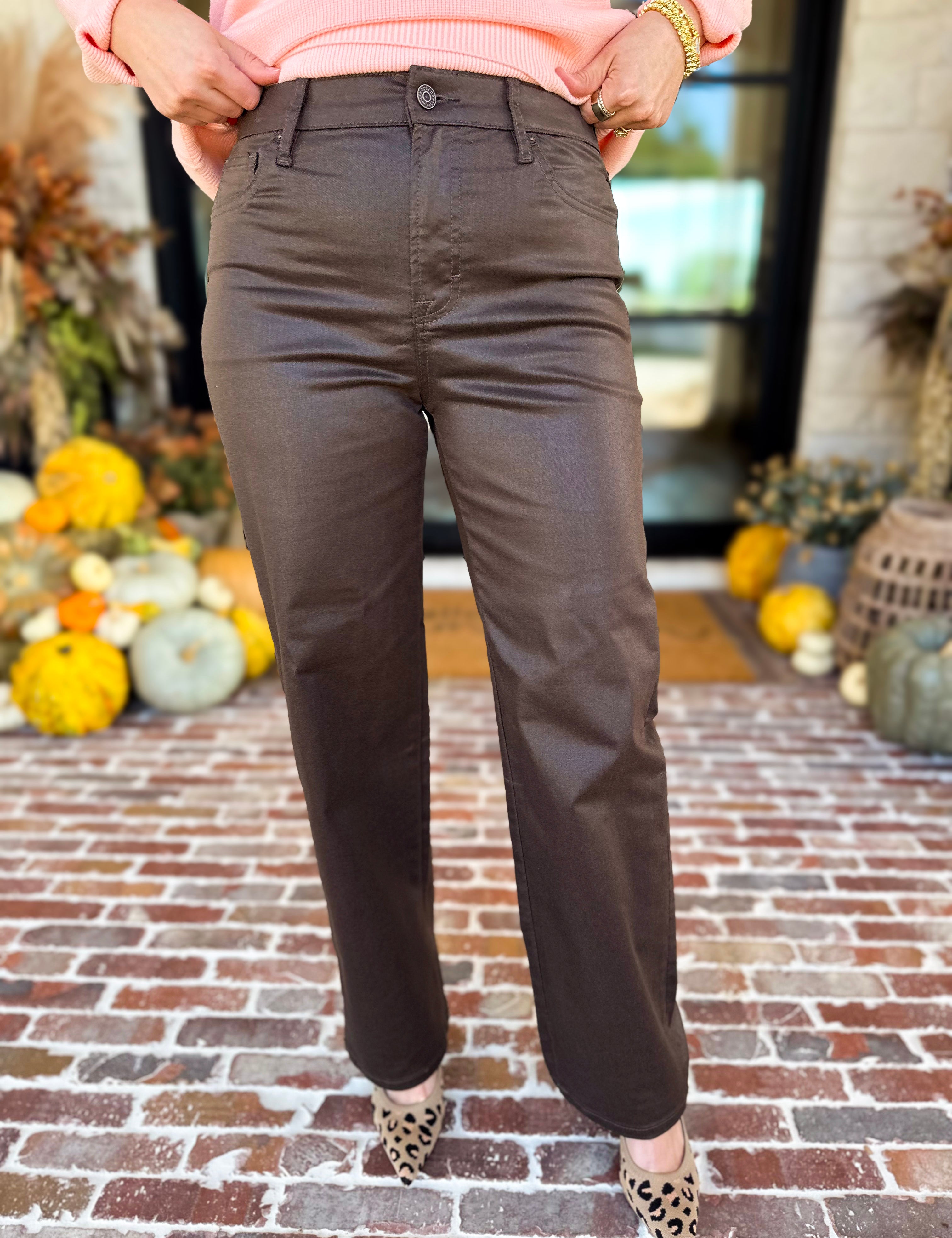 Chocolate Faux Leather Straight Leg Pants-420 Denim-HIDDEN JEANS-July & June Women's Fashion Boutique Located in San Antonio, Texas