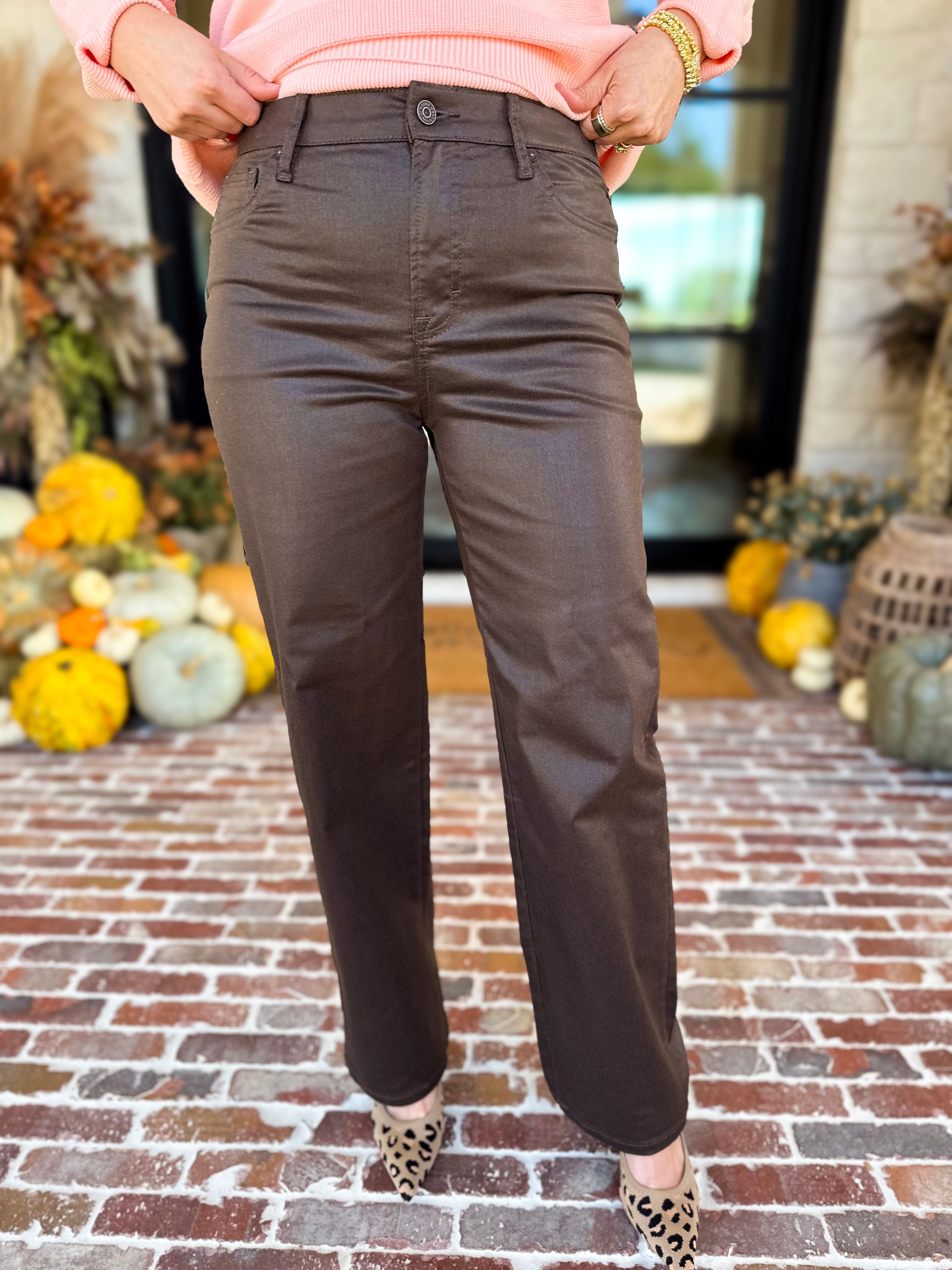 Chocolate Faux Leather Straight Leg Pants-420 Denim-HIDDEN JEANS-July & June Women's Fashion Boutique Located in San Antonio, Texas