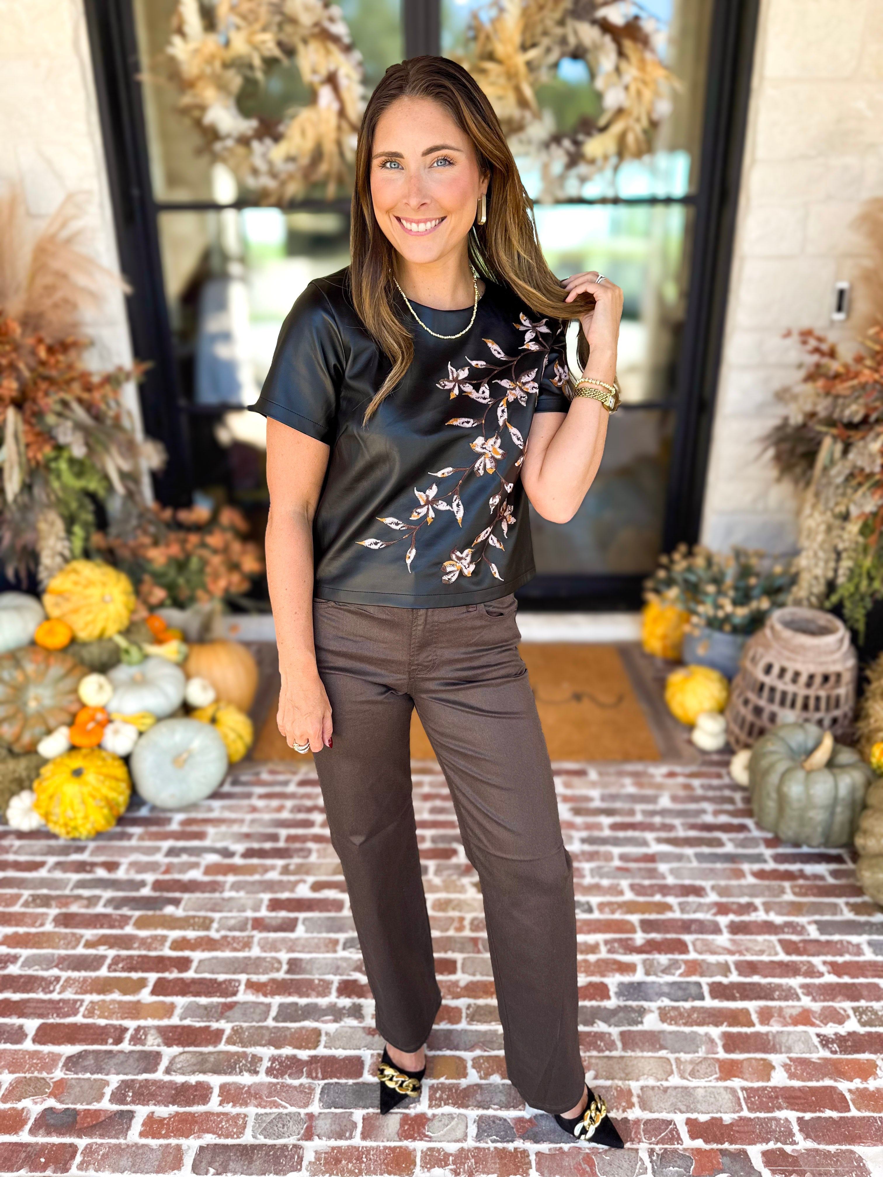 Liverpool - Chic Faux Leather Floral Tee-200 Fashion Blouses-LIVERPOOL JEANS COMPANY-July & June Women's Fashion Boutique Located in San Antonio, Texas