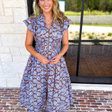 Blue & Brown Floral Midi Dress-500 Midi-ENTRO-July & June Women's Fashion Boutique Located in San Antonio, Texas