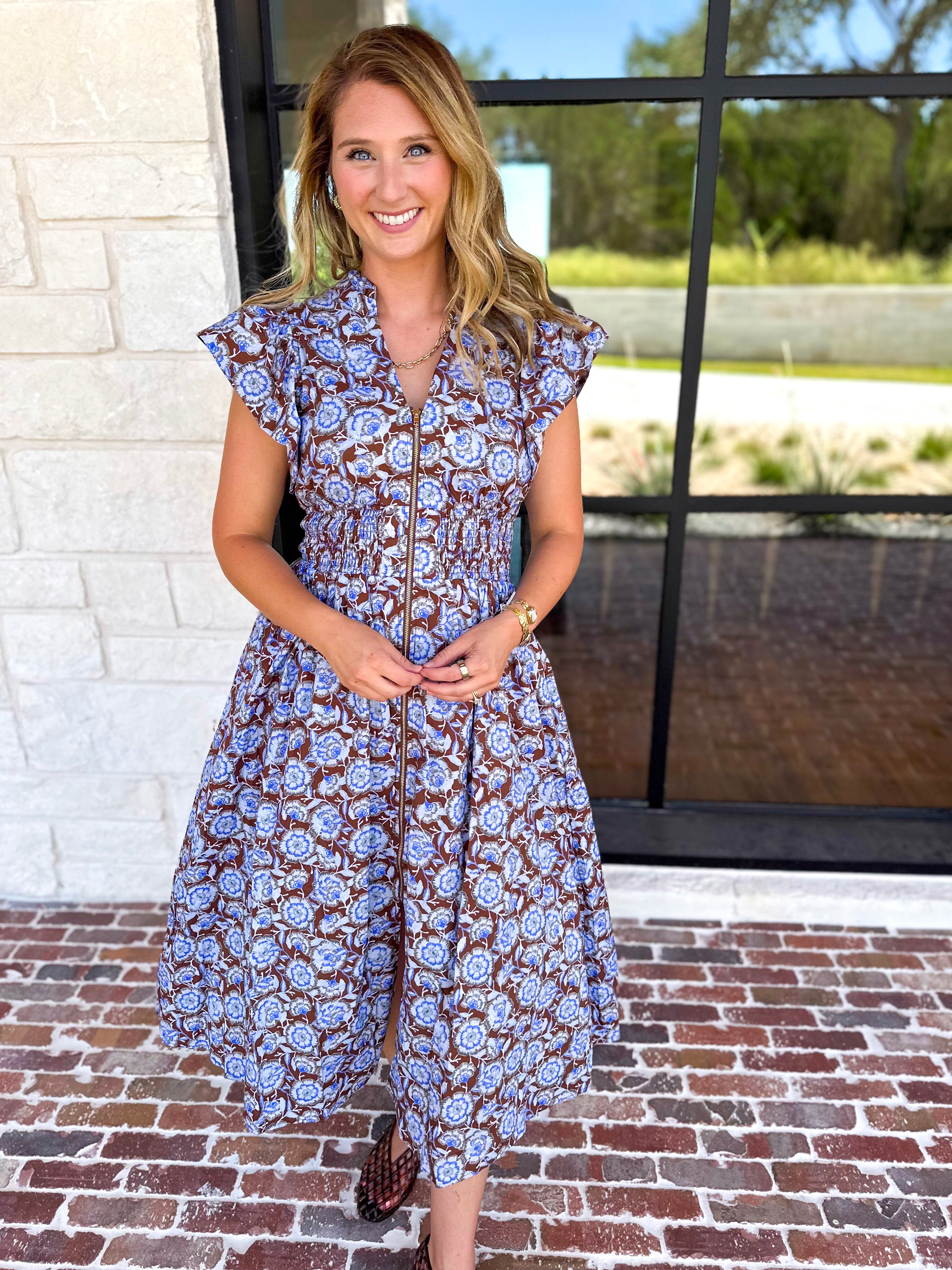 Blue & Brown Floral Midi Dress-500 Midi-ENTRO-July & June Women's Fashion Boutique Located in San Antonio, Texas