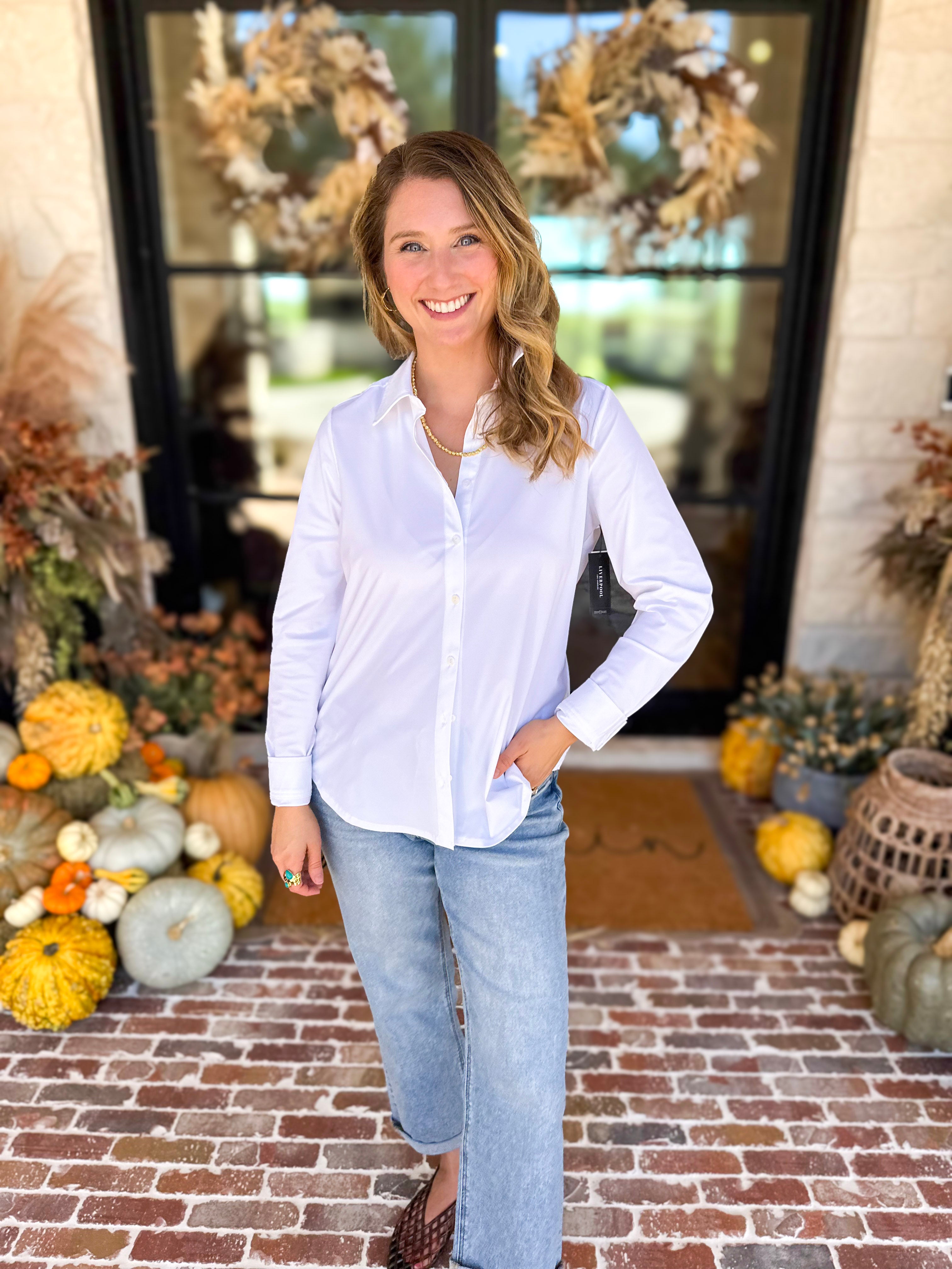 Liverpool - The Classic White Button Down-200 Fashion Blouses-LIVERPOOL JEANS COMPANY-July & June Women's Fashion Boutique Located in San Antonio, Texas