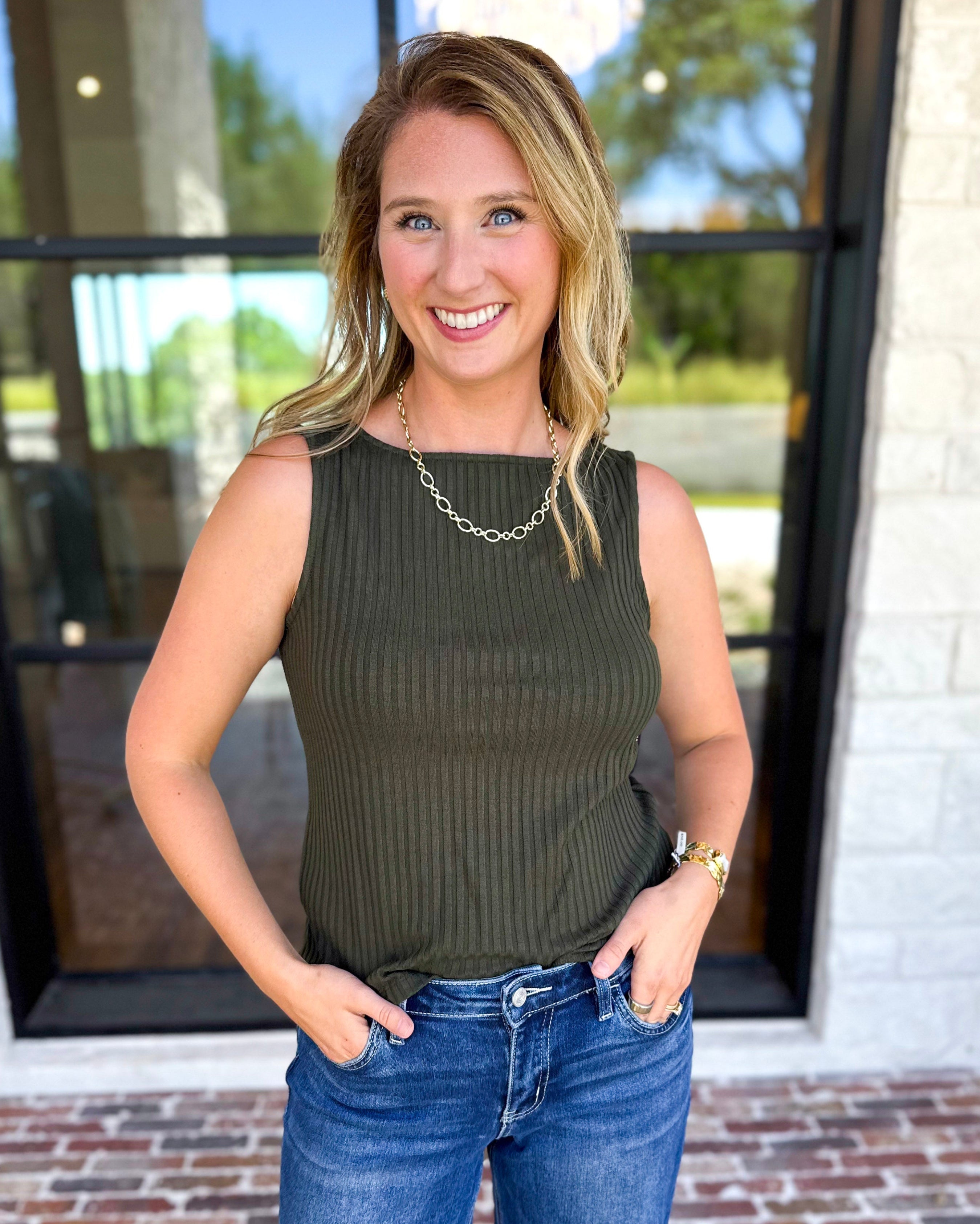 Liverpool - Classic Boatneck Knit Tank - Hunter Green-210 Casual Blouses-LIVERPOOL JEANS COMPANY-July & June Women's Fashion Boutique Located in San Antonio, Texas
