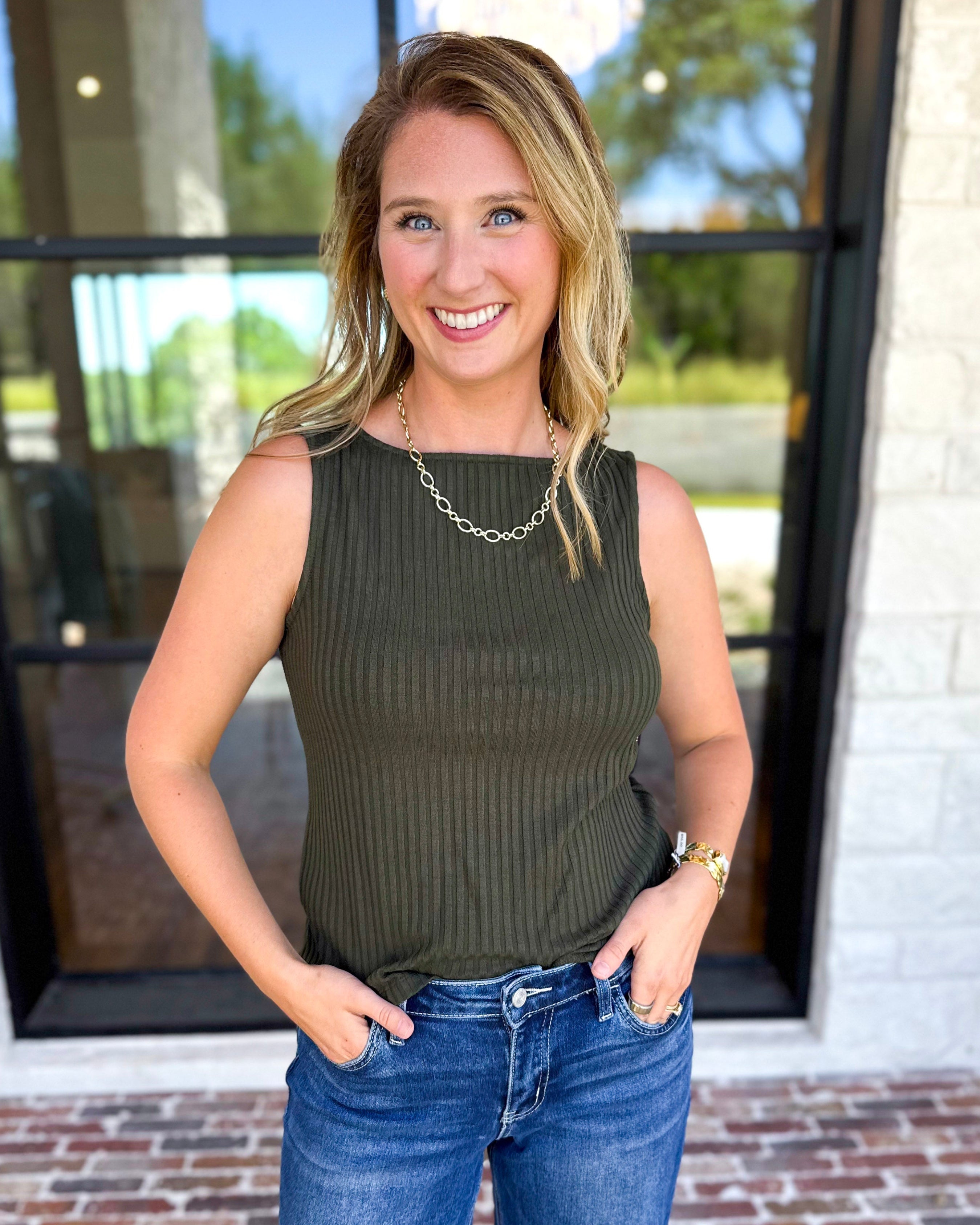Liverpool - Classic Boatneck Knit Tank - Hunter Green-210 Casual Blouses-LIVERPOOL JEANS COMPANY-July & June Women's Fashion Boutique Located in San Antonio, Texas