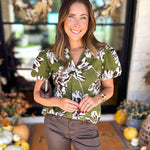 Moss Floral Puff Sleeve Blouse-200 Fashion Blouses-TCEC-July & June Women's Fashion Boutique Located in San Antonio, Texas