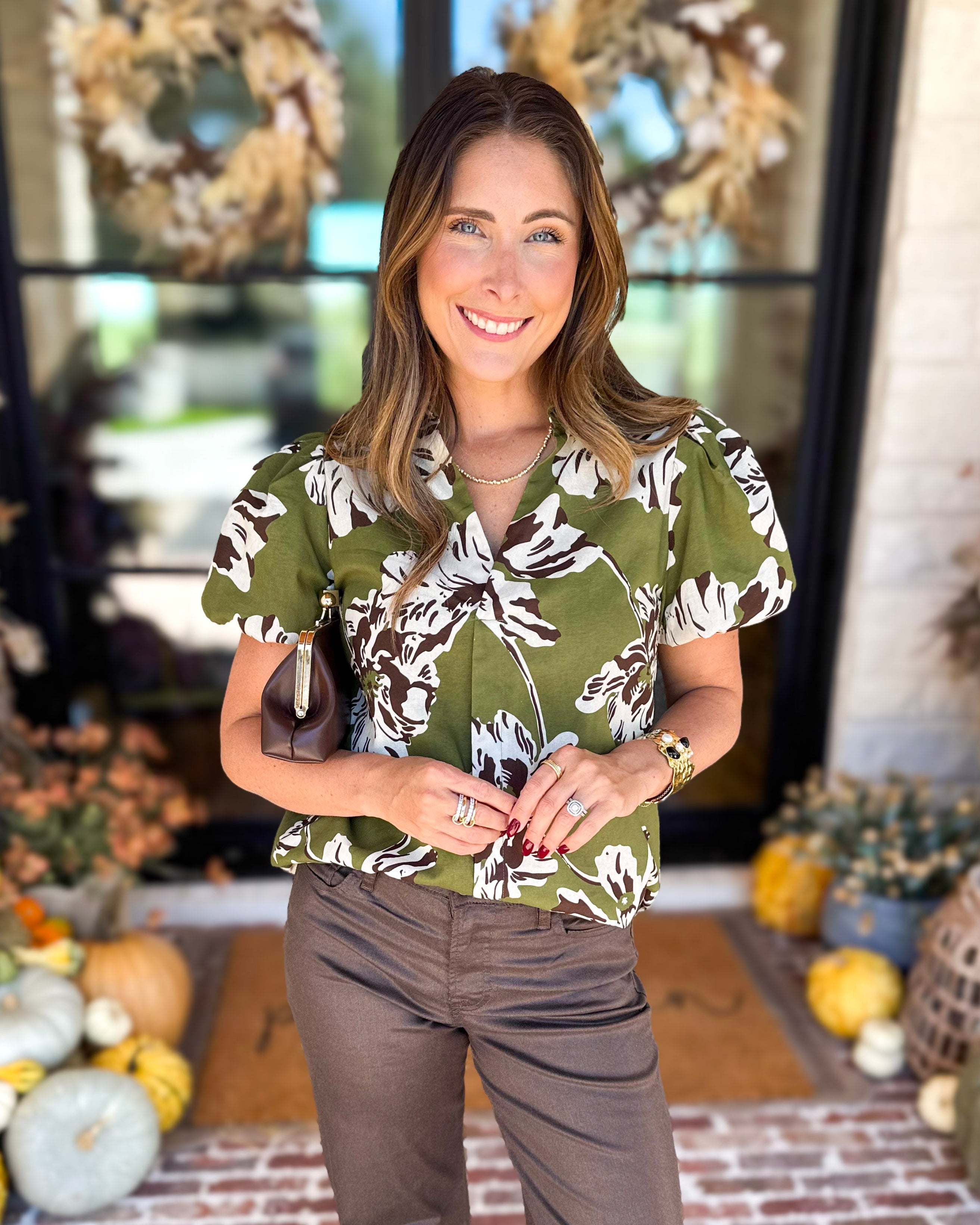 Moss Floral Puff Sleeve Blouse-200 Fashion Blouses-TCEC-July & June Women's Fashion Boutique Located in San Antonio, Texas
