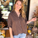Heathered Brown Oversized Blouse-200 Fashion Blouses-ENTRO-July & June Women's Fashion Boutique Located in San Antonio, Texas