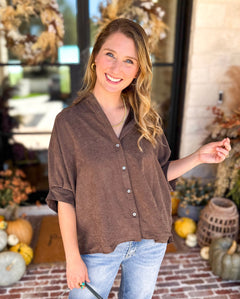 Heathered Brown Oversized Blouse-200 Fashion Blouses-ENTRO-July & June Women's Fashion Boutique Located in San Antonio, Texas