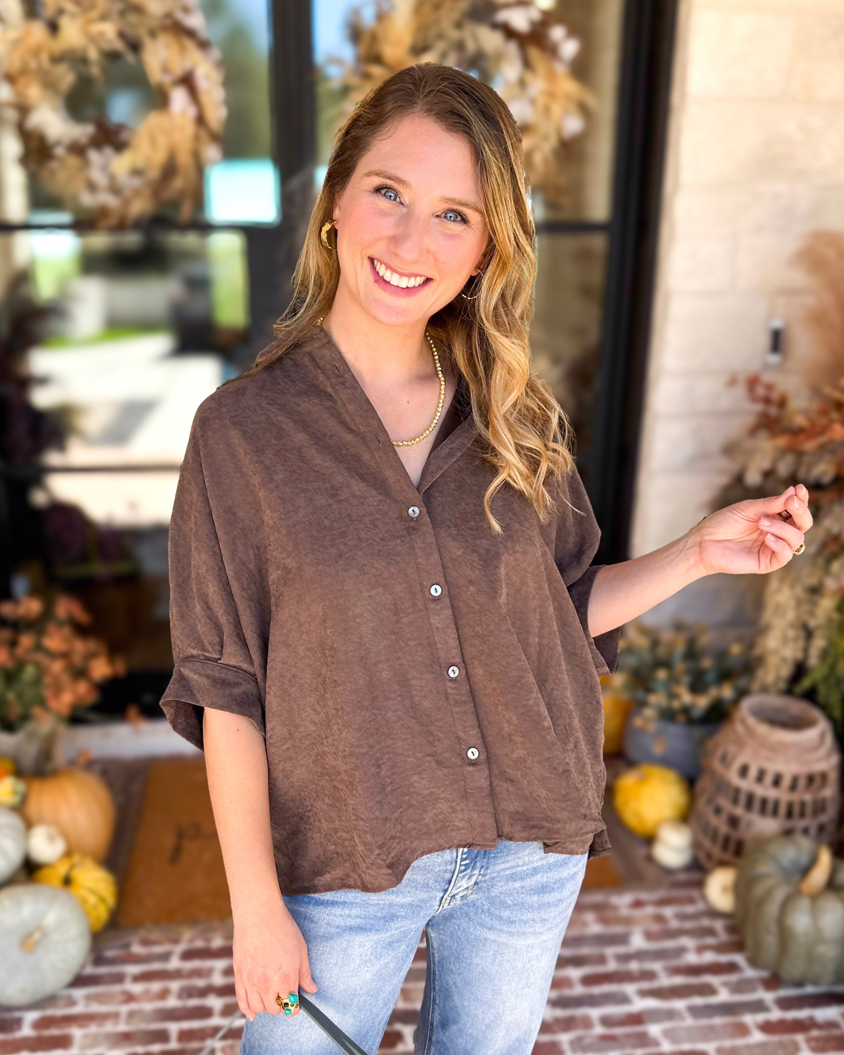 Heathered Brown Oversized Blouse-200 Fashion Blouses-ENTRO-July & June Women's Fashion Boutique Located in San Antonio, Texas