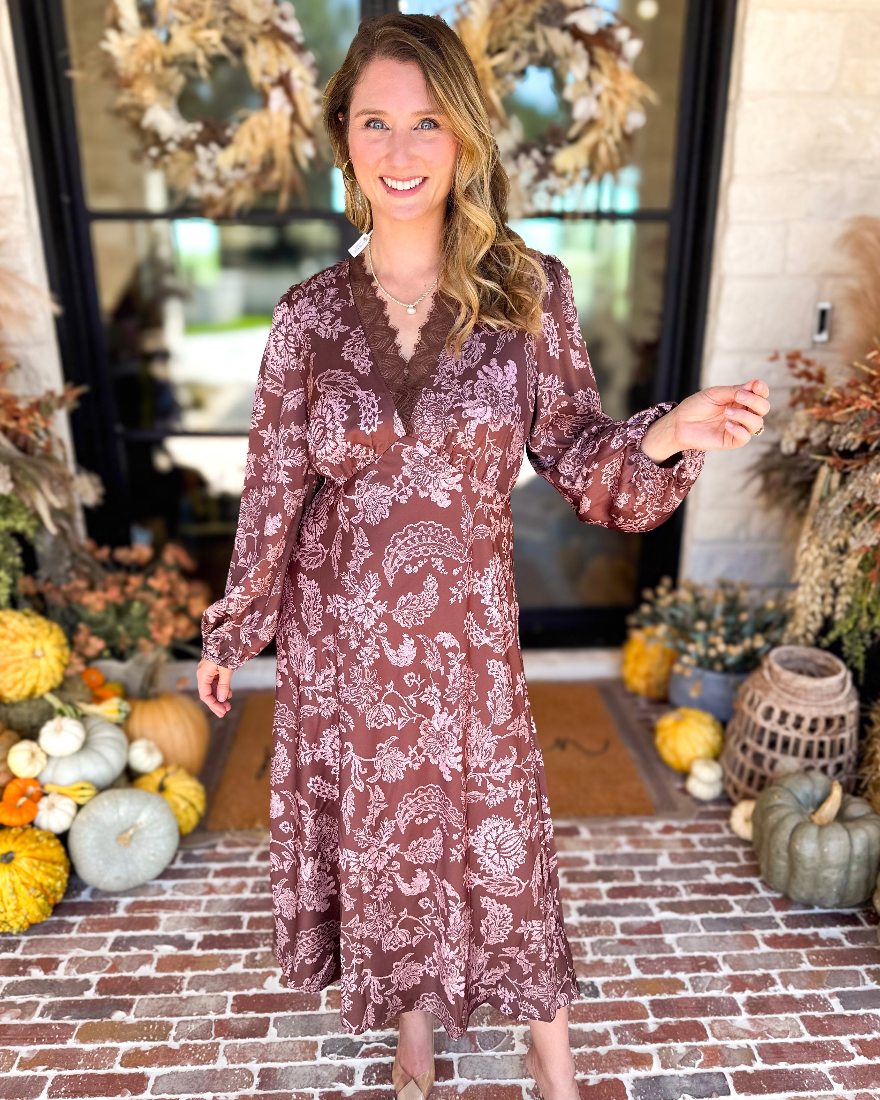 Current Air - Mocha Rose Satin Midi Dress-500 Midi-CURRENT AIR CLOTHING-July & June Women's Fashion Boutique Located in San Antonio, Texas