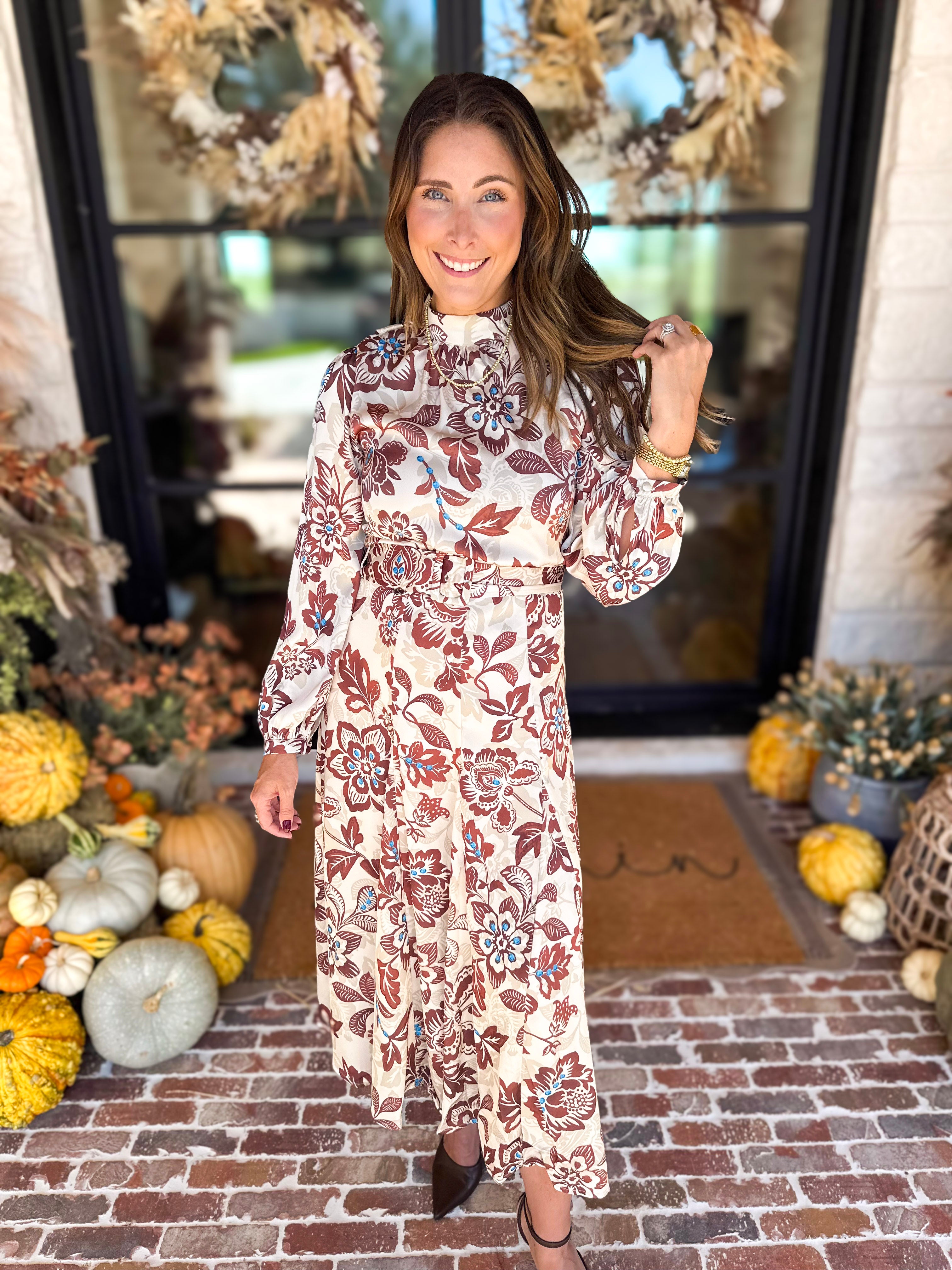 Current Air - Saddlewood Floral Midi Dress-500 Midi-CURRENT AIR CLOTHING-July & June Women's Fashion Boutique Located in San Antonio, Texas