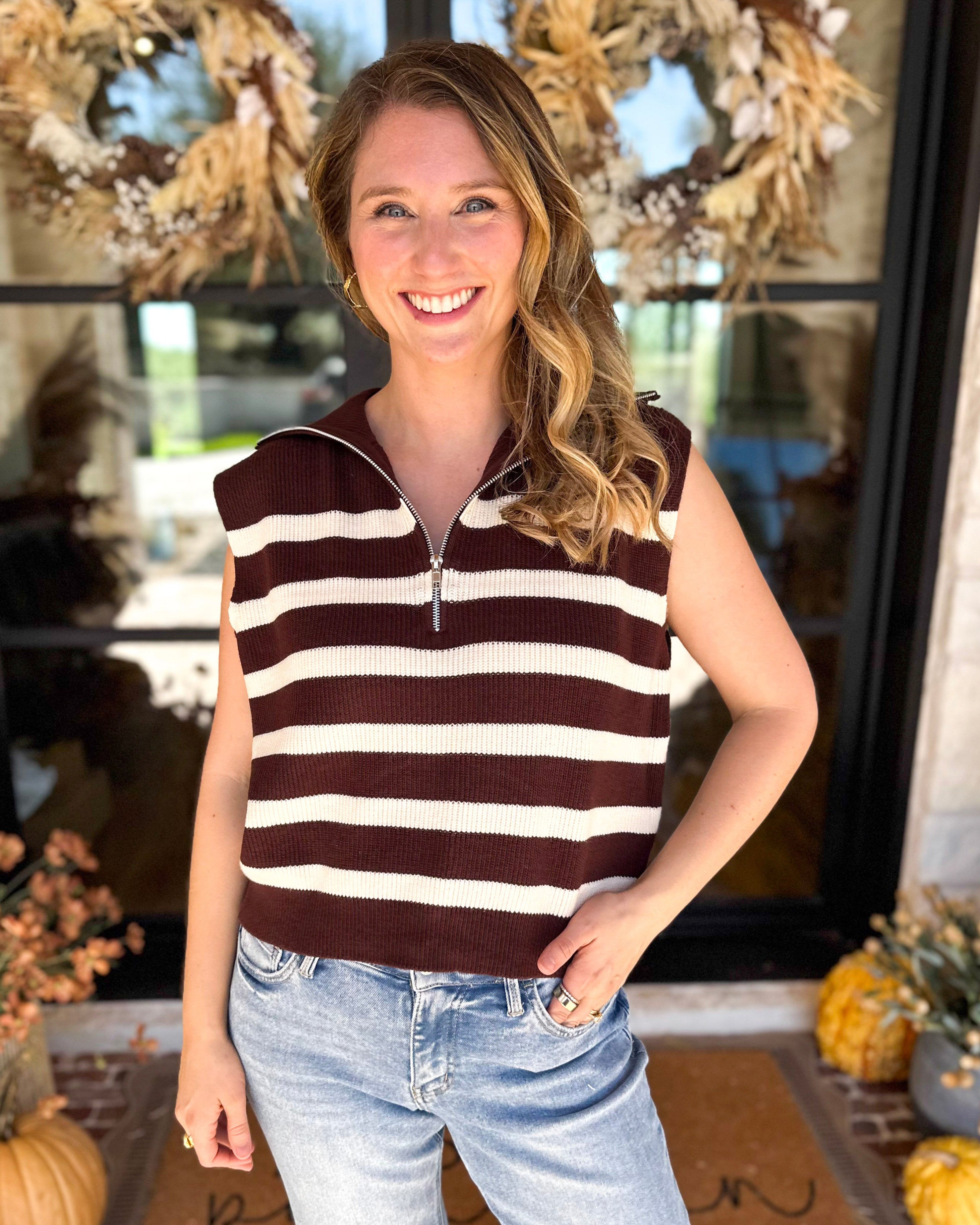 PINK FRIDAY DOORBUSTERS - Half Zip Sweater - Brown - ONLINE - FINAL SALE-PINK FRIDAY DOORBUSTERS-DOUBLE ZERO-July & June Women's Fashion Boutique Located in San Antonio, Texas