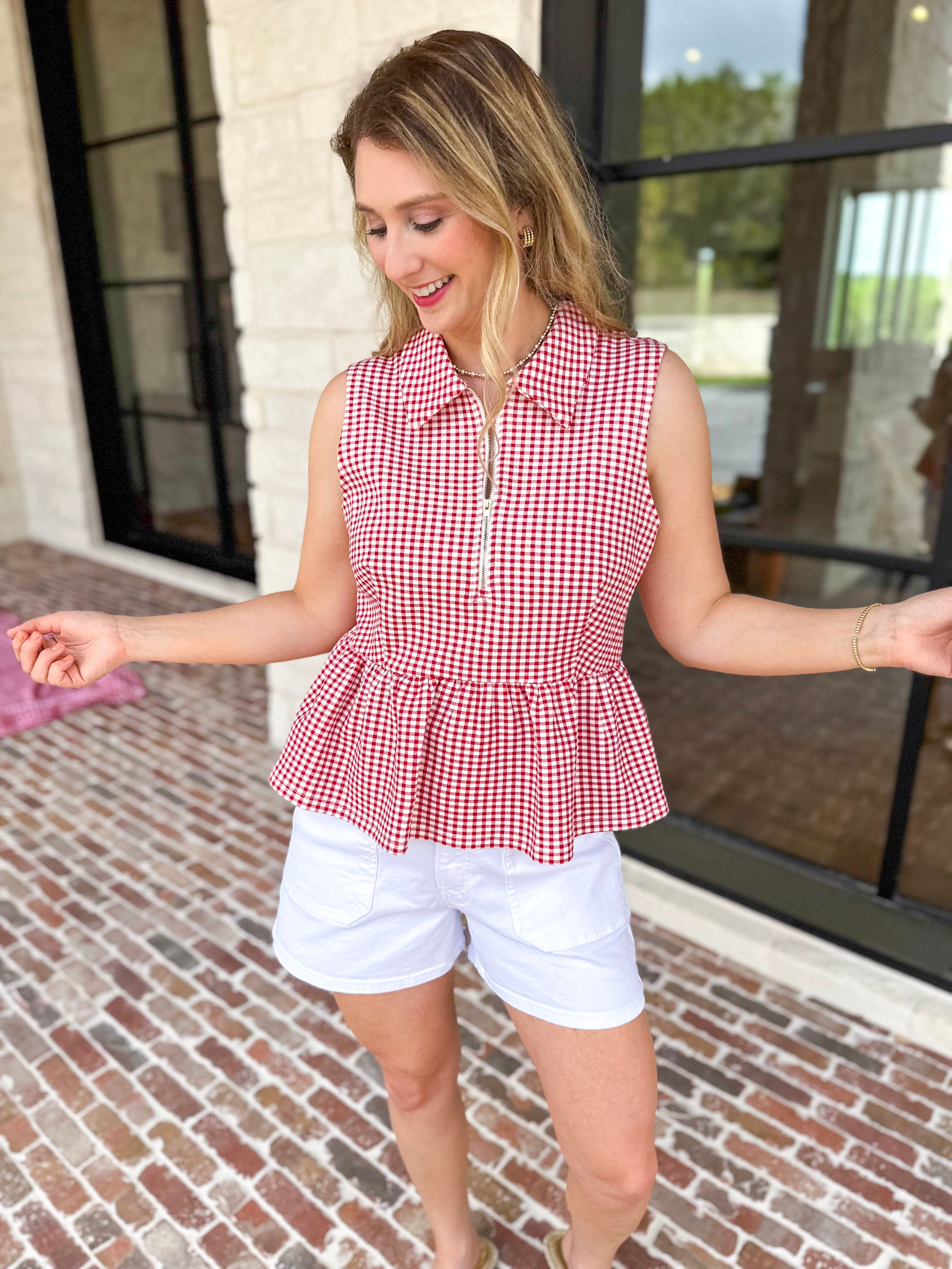 Sweetheart Gingham Red Blouse-200 Fashion Blouses-ENTRO-July & June Women's Fashion Boutique Located in San Antonio, Texas