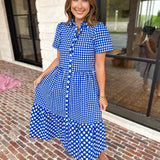Mary Square - Jema Gingham Navy Mix Midi Dress-500 Midi-MARY SQUARE-July & June Women's Fashion Boutique Located in San Antonio, Texas