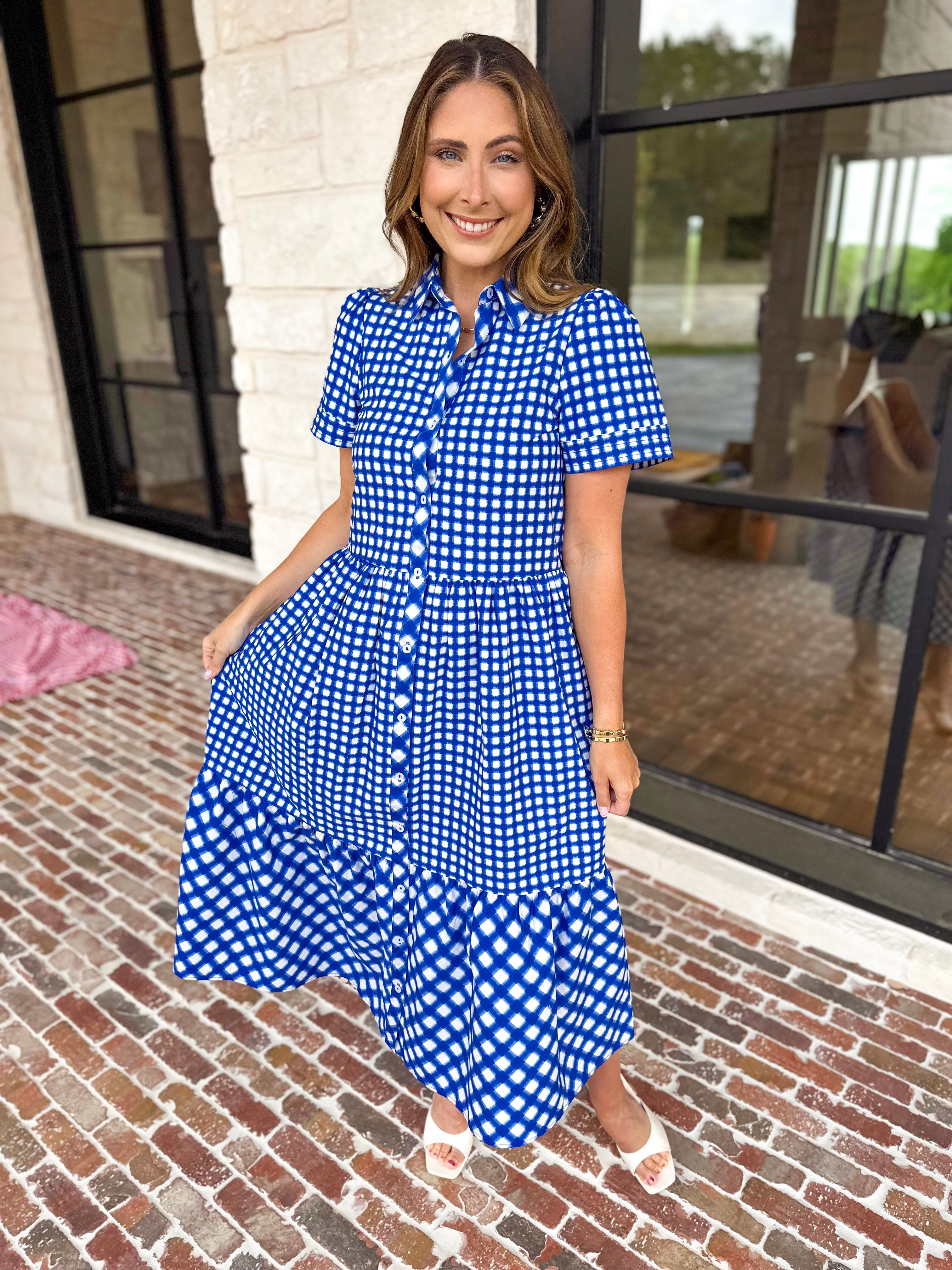 Mary Square - Jema Gingham Navy Mix Midi Dress-500 Midi-MARY SQUARE-July & June Women's Fashion Boutique Located in San Antonio, Texas