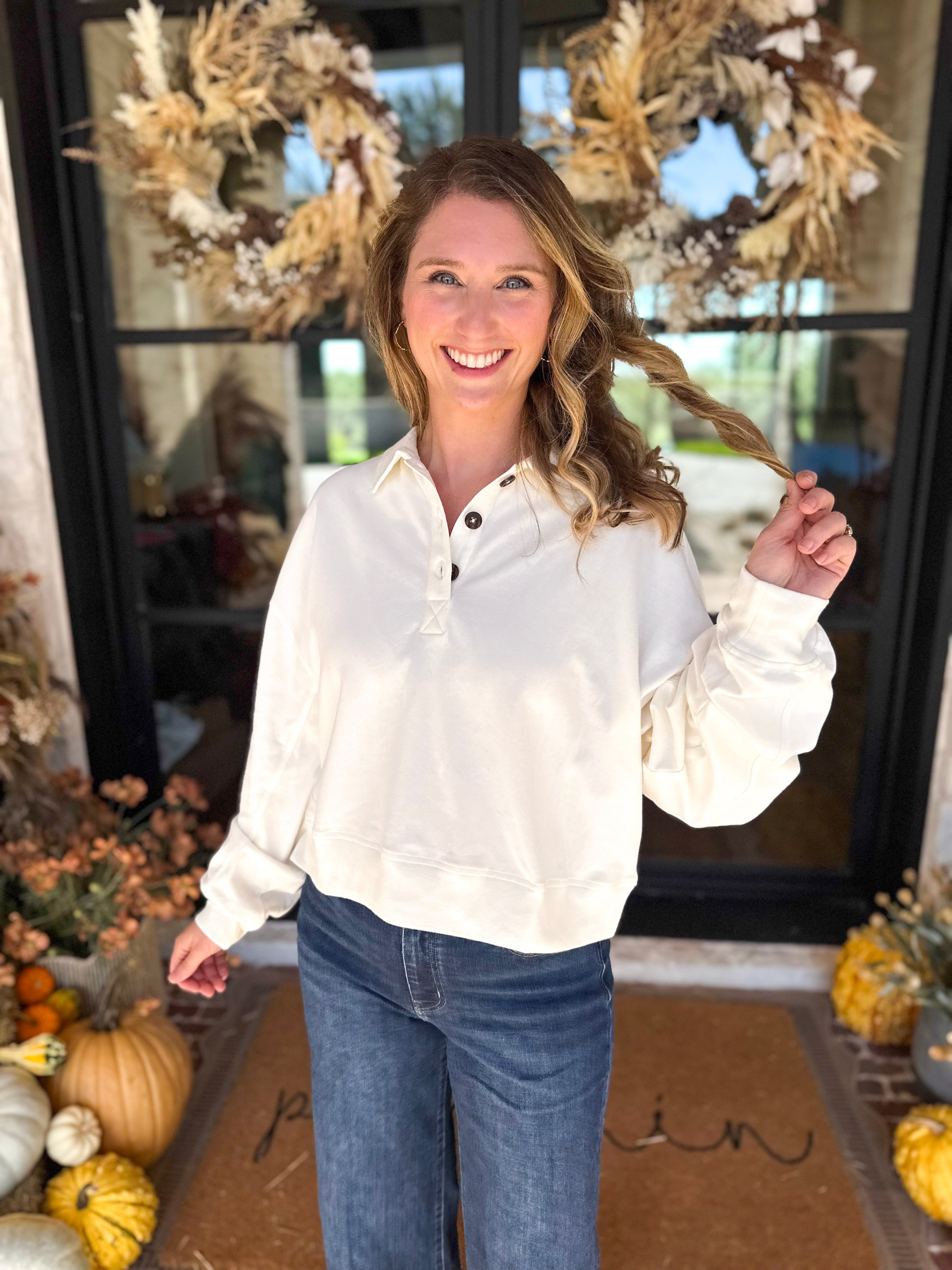PINK FRIDAY DOORBUSTERS - Henley Polo Top - Cream - ONLINE - FINAL SALE-PINK FRIDAY DOORBUSTERS-DOUBLE ZERO-July & June Women's Fashion Boutique Located in San Antonio, Texas